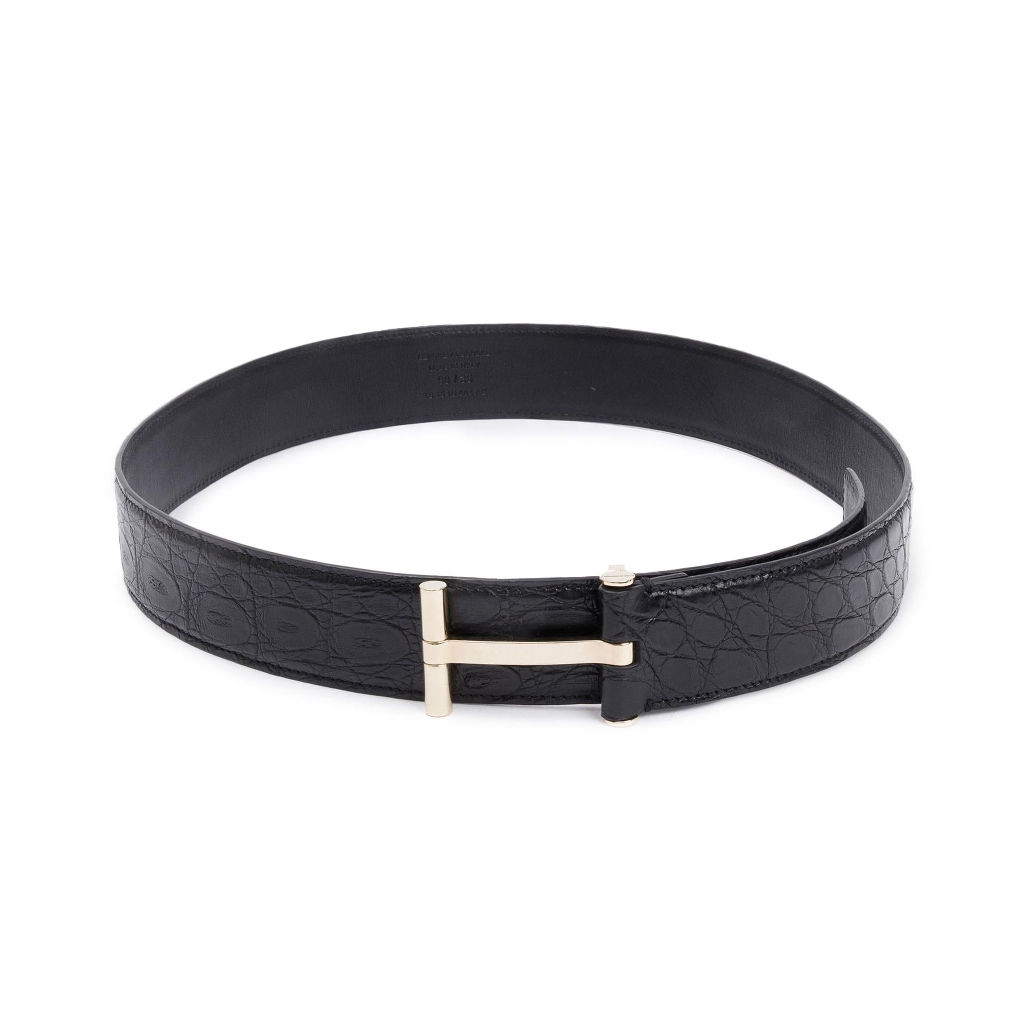 Tom Ford Black Croc-Embossed Leather T Icon Buckle Belt 90 36