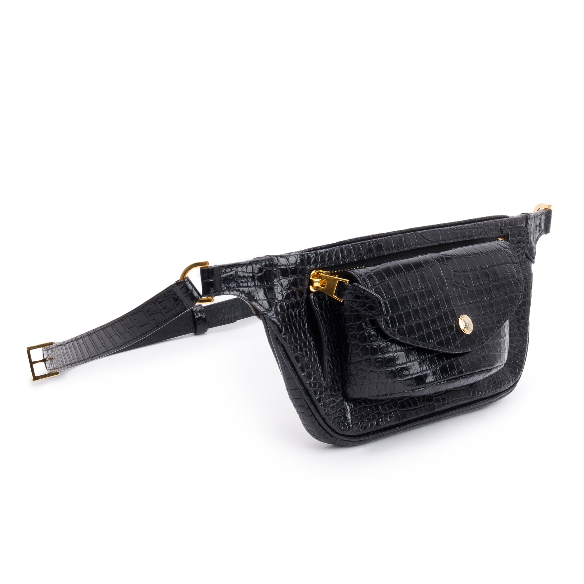 Tom Ford Black Shiny Croc-Embossed Calfskin Leather Belt Bag