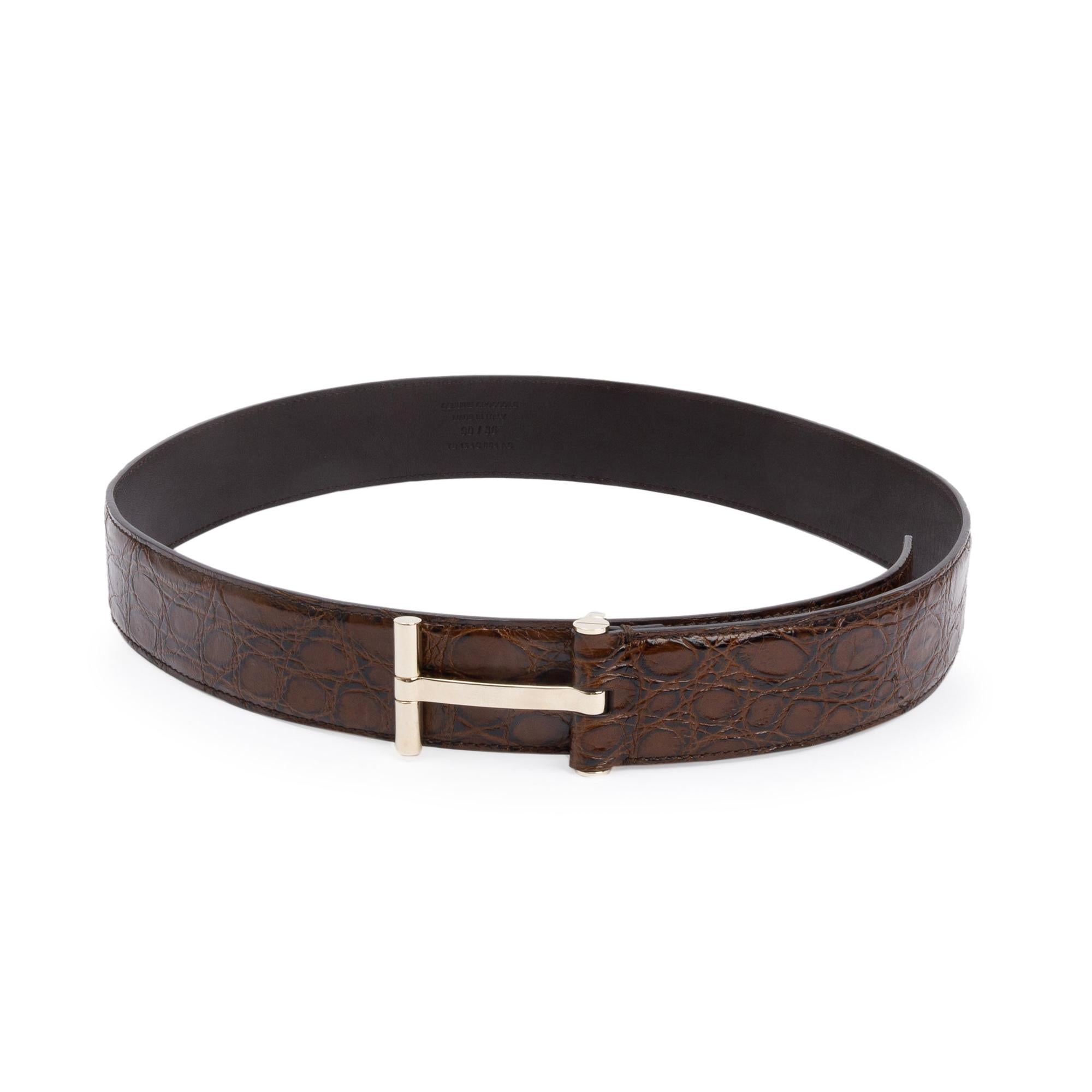 Tom Ford Brown Croc-Embossed Leather T Icon Buckle Belt 90 36