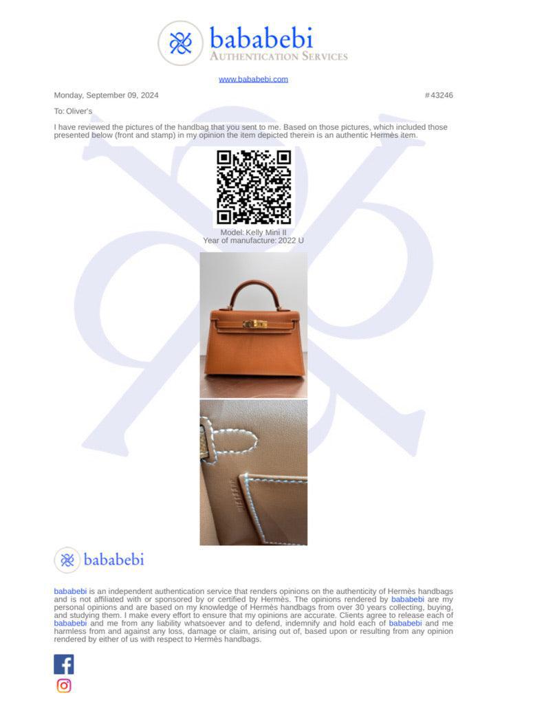 Hermes 2022 Gold Veau Epsom Leather Mini Kelly II Sellier 20 w/ Box, Receipt & Strap