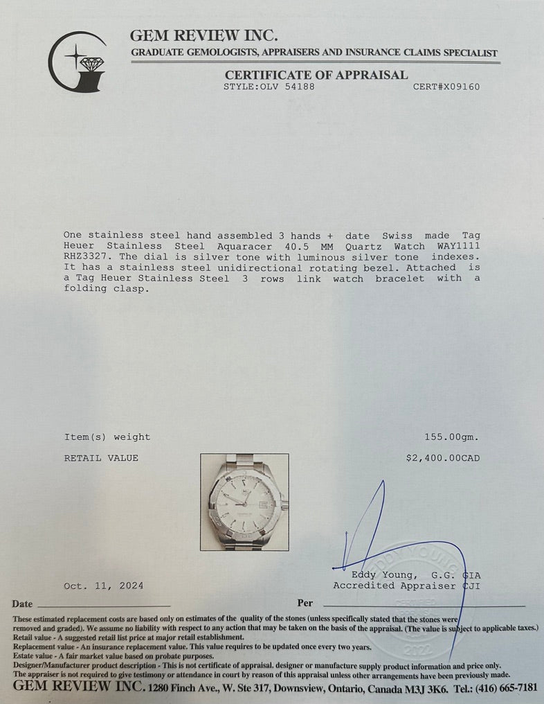 Tag Heuer Stainless Steel Aquaracer 40.5 MM Quartz Watch WAY1111 w/ Box & Papers