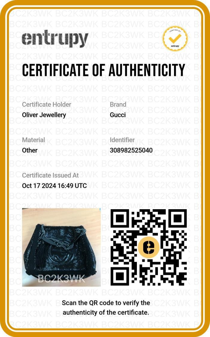 Gucci Black Crushed Patent Leather Shearling Trim Medium Soho Chain Tote w/ Pouch