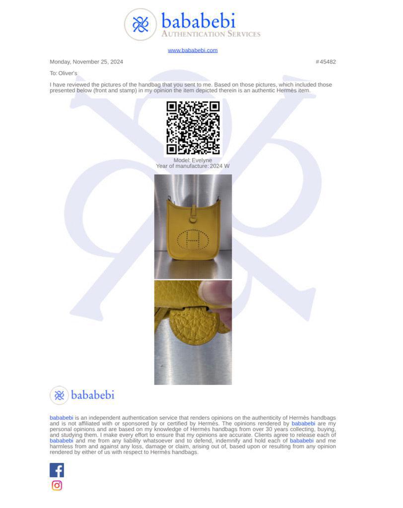 Hermes 2024 Jaune Taurilon Clemence Evelyne TPM 16 w/ Box & Strap
