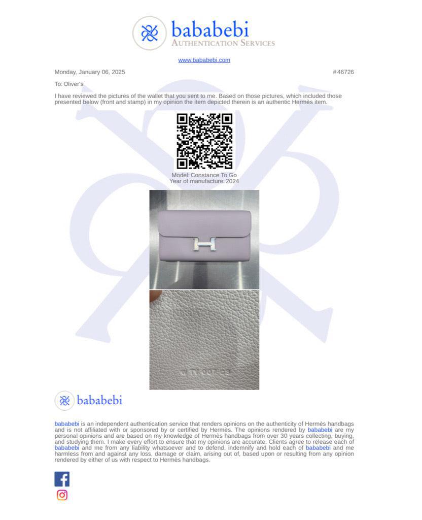 Hermes 2024 Mauve Pale Veau Evercolor Leather Constance to Go w/ Strap & Box