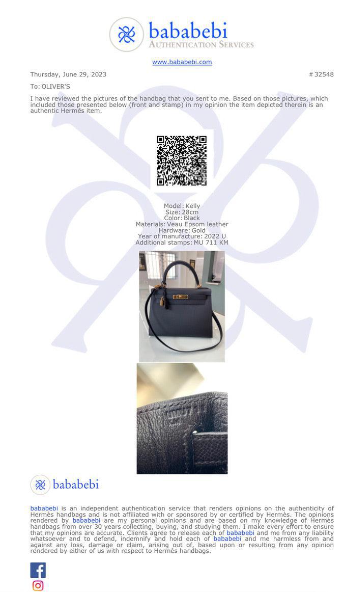 Hermes 2022 Black Veau Epsom Kelly II Sellier 28 w/ Box & Receipt