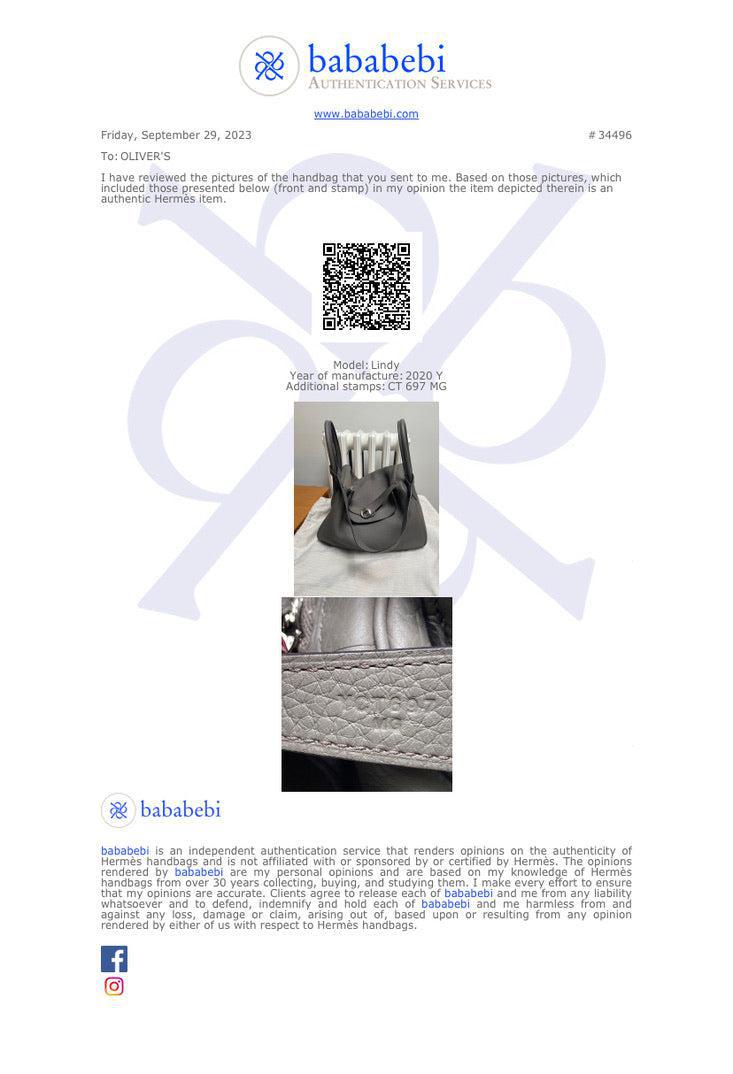 Hermes 2020 Grey Clemence Leather Lindy 30