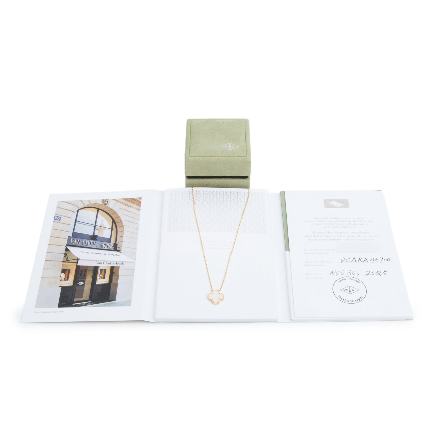 Van Cleef & Arpels 2025 18k Yellow Gold Vintage Alhambra Mother of Pearl Pendant Necklace w/ Box & Certificate
