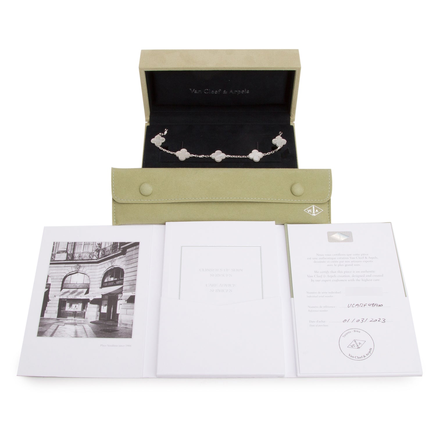 Van Cleef & Arpels 2023 18k White Gold Vintage Alhambra 5 Motif Mother of Pearl Bracelet w/ Box & Certificate