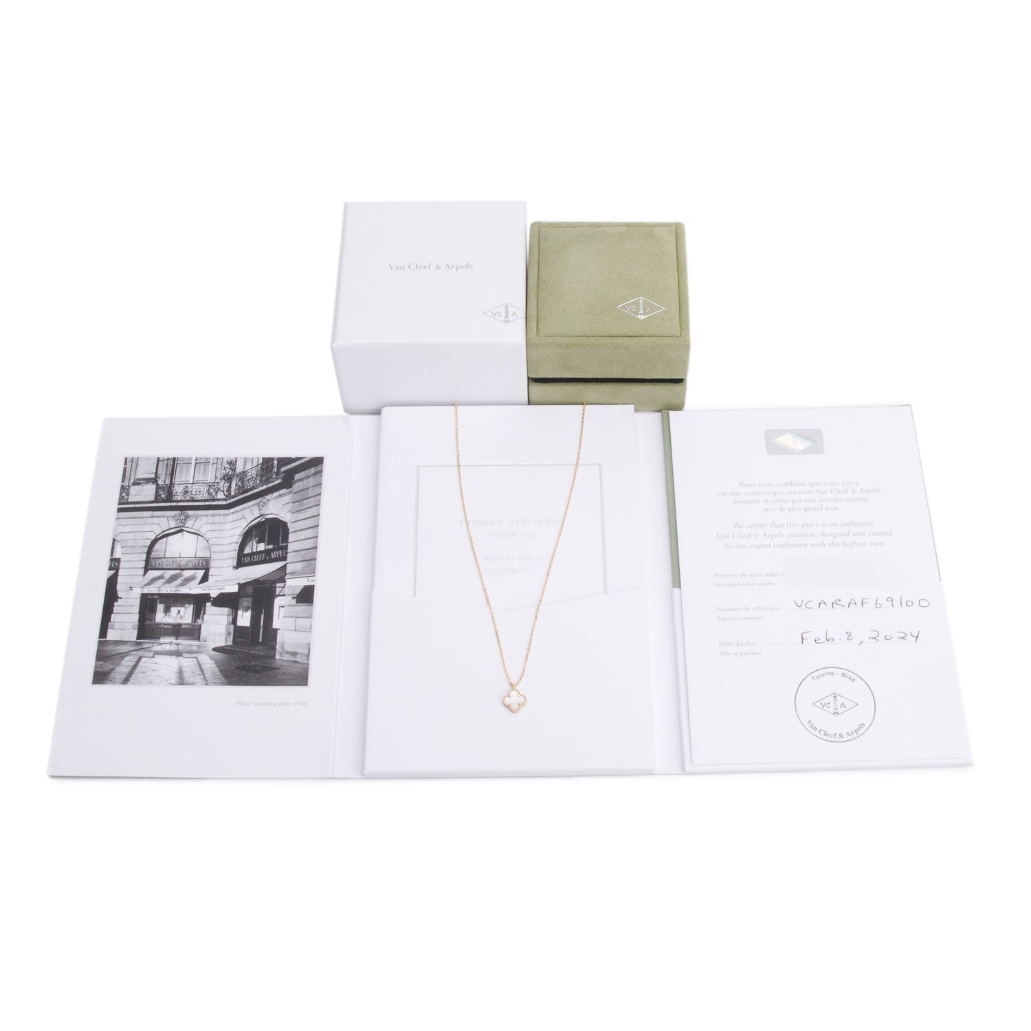 Van Cleef & Arpels 2024 18k Yellow Gold Sweet Alhambra Mother of Pearl Pendant Necklace w/ Box, Receipt & Certificate