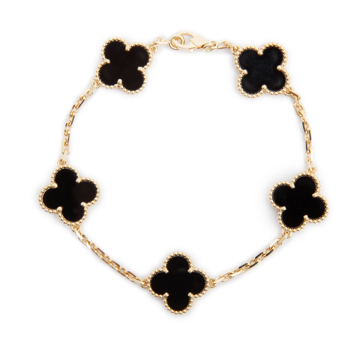 Van Cleef & Arpels 2026 18k Yellow Gold Vintage Alhambra 5 Motif Onyx Bracelet w/ Box & Certificate