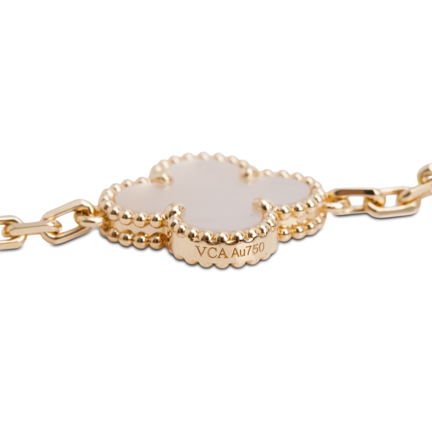 Van Cleef & Arpels 18k Yellow Gold Vintage Alhambra 20 Motif Mother of Pearl Necklace w/ Box & Certificate