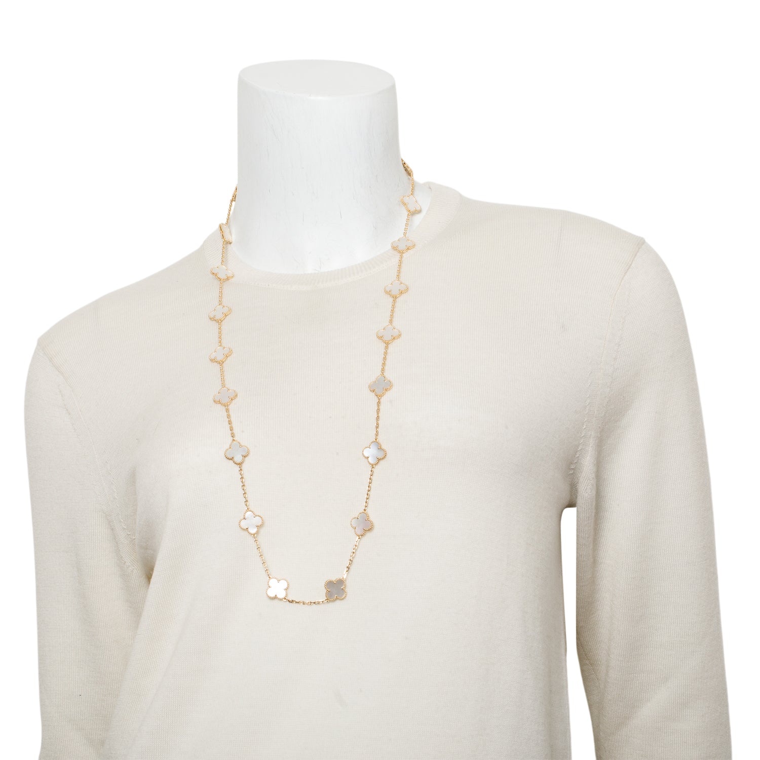 Van Cleef & Arpels 18k Yellow Gold Vintage Alhambra 20 Motif Mother of Pearl Necklace w/ Box & Certificate