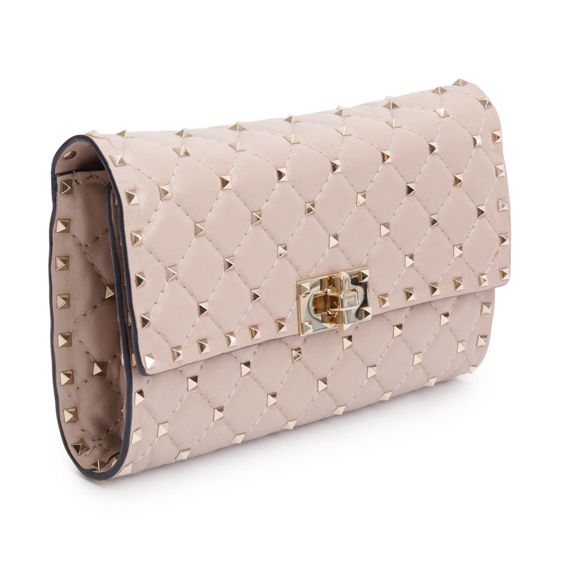 Valentino Beige Calfskin Leather Rockstud Spike Wallet On Chain