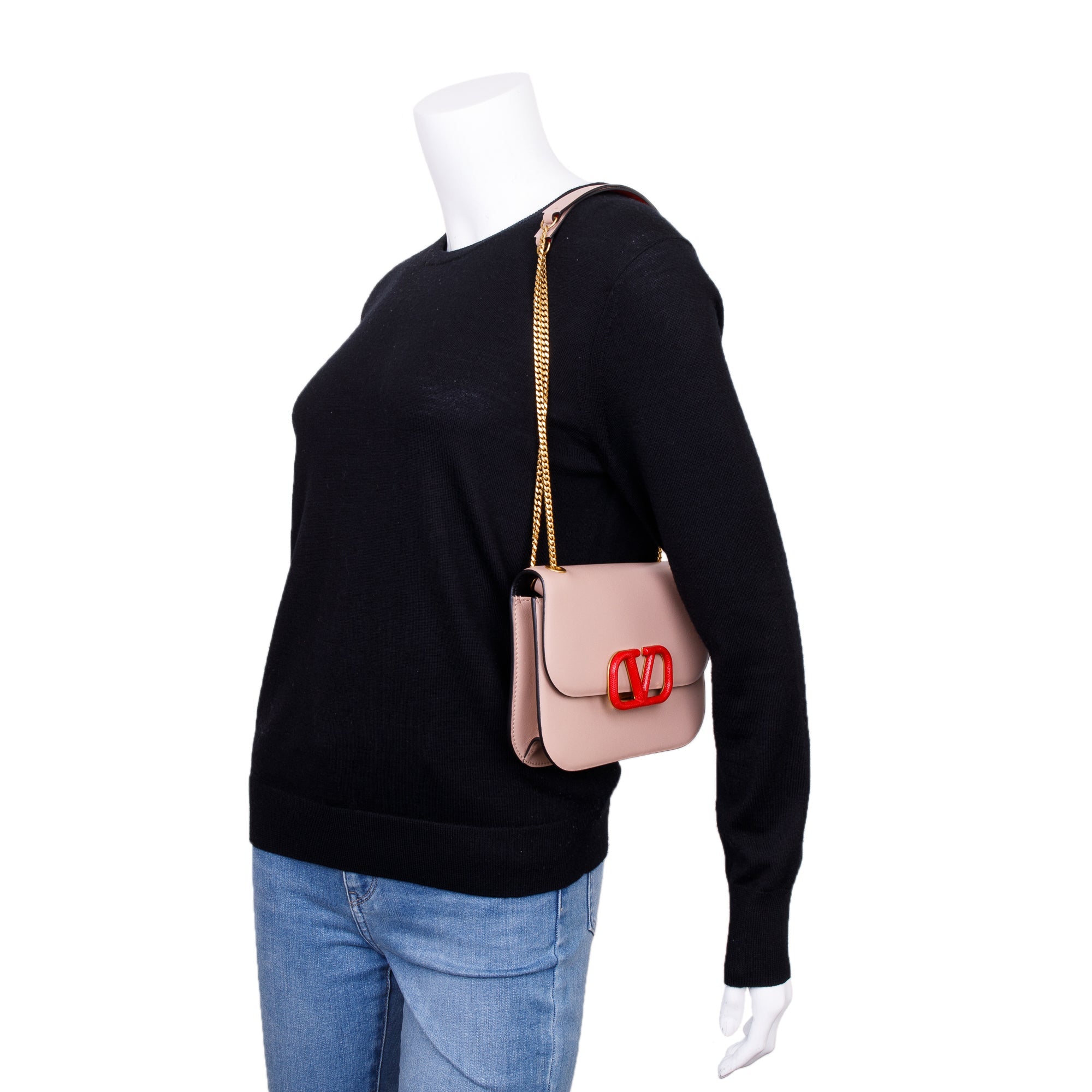 Valentino Beige Calfskin Leather Small V-Lock Shoulder Bag