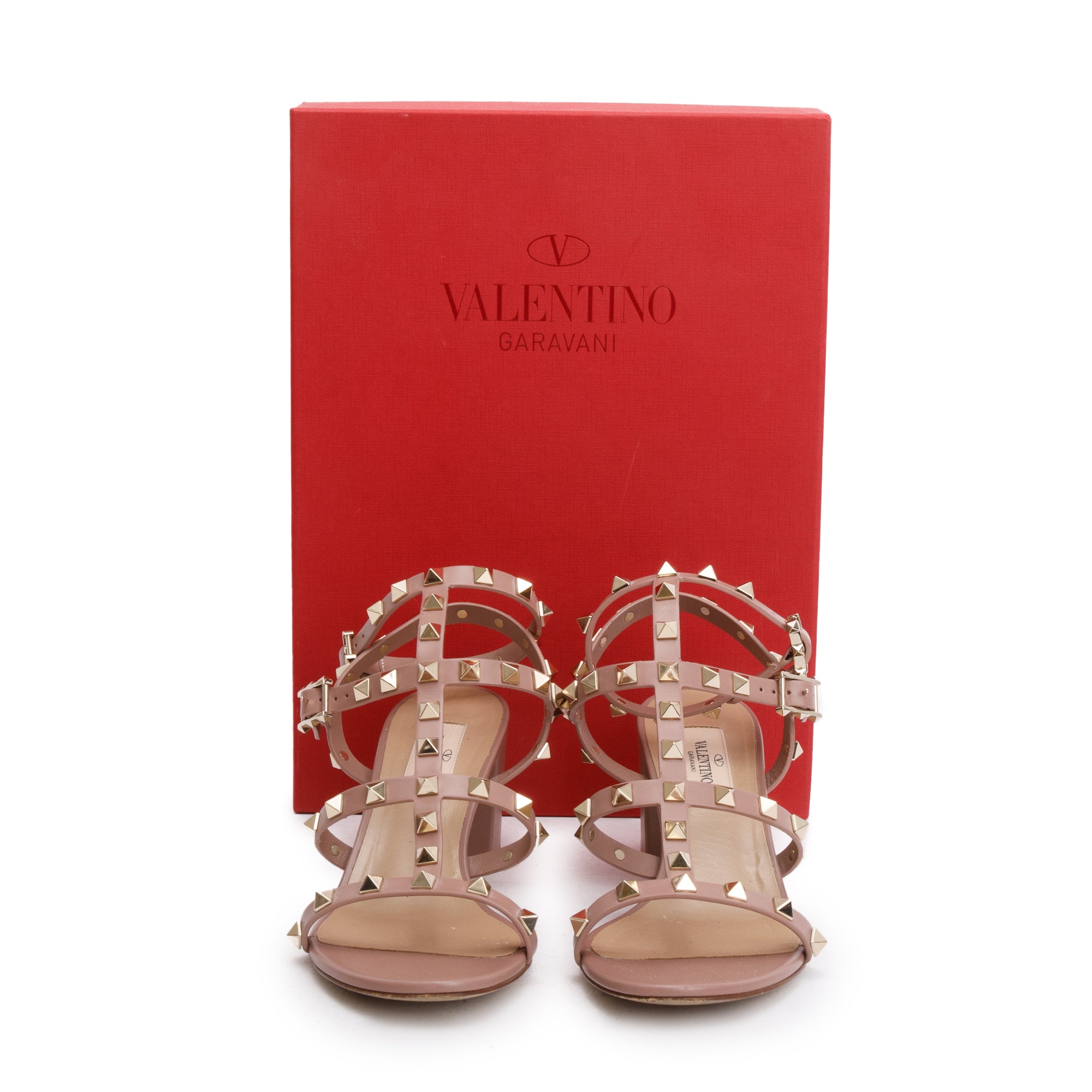 Valentino Beige Calfskin Rockstud Ankle Strap Sandals, Size 37 w/ Box