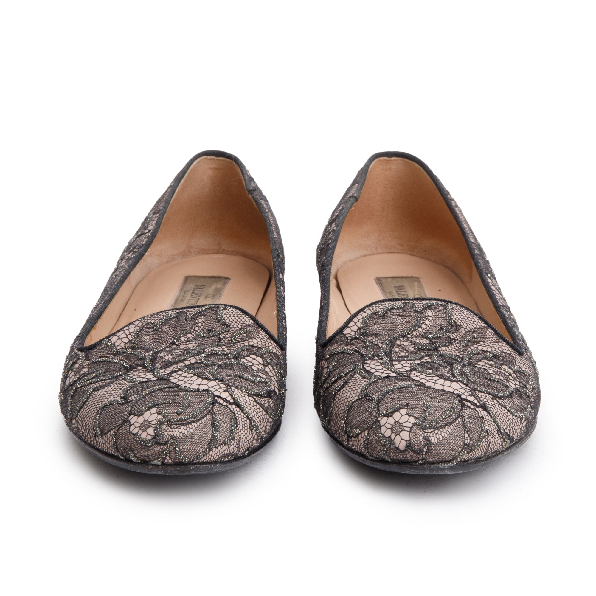 Valentino Beige Glitter Lace Flat Loafers, Size 36