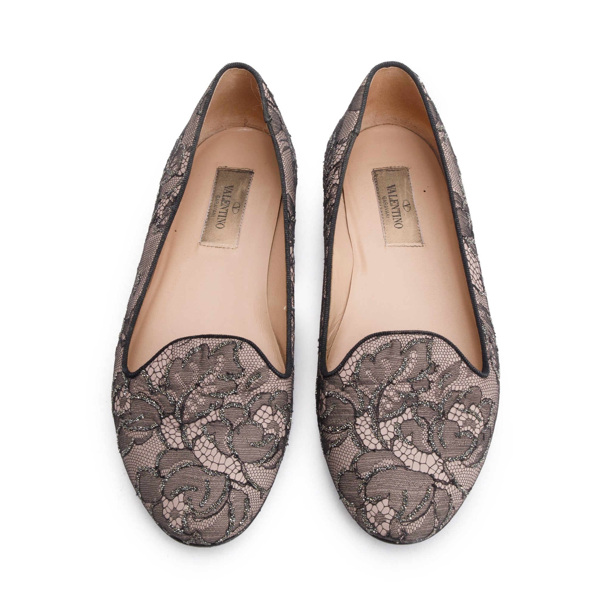 Valentino Beige Glitter Lace Flat Loafers, Size 36