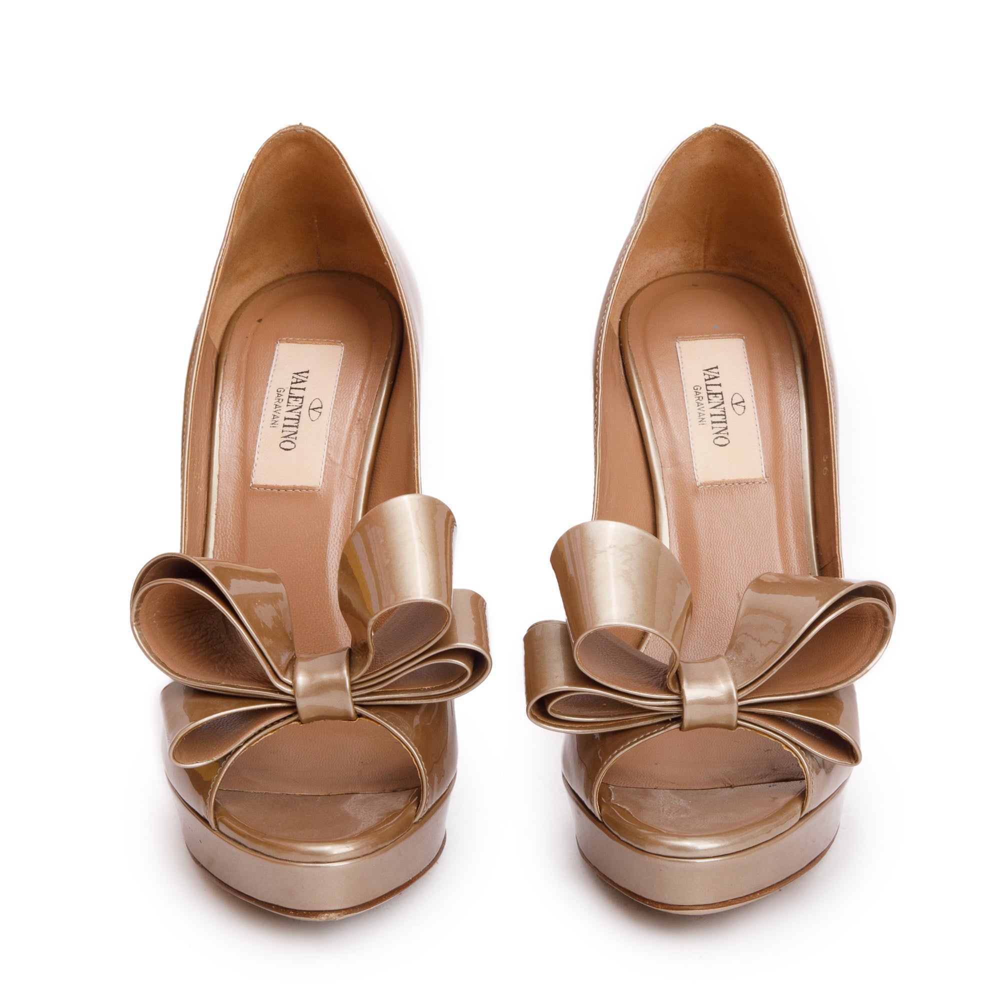 Valentino Beige Patent Leather Couture Bow Peep-Toe Platform Pumps, Size 36