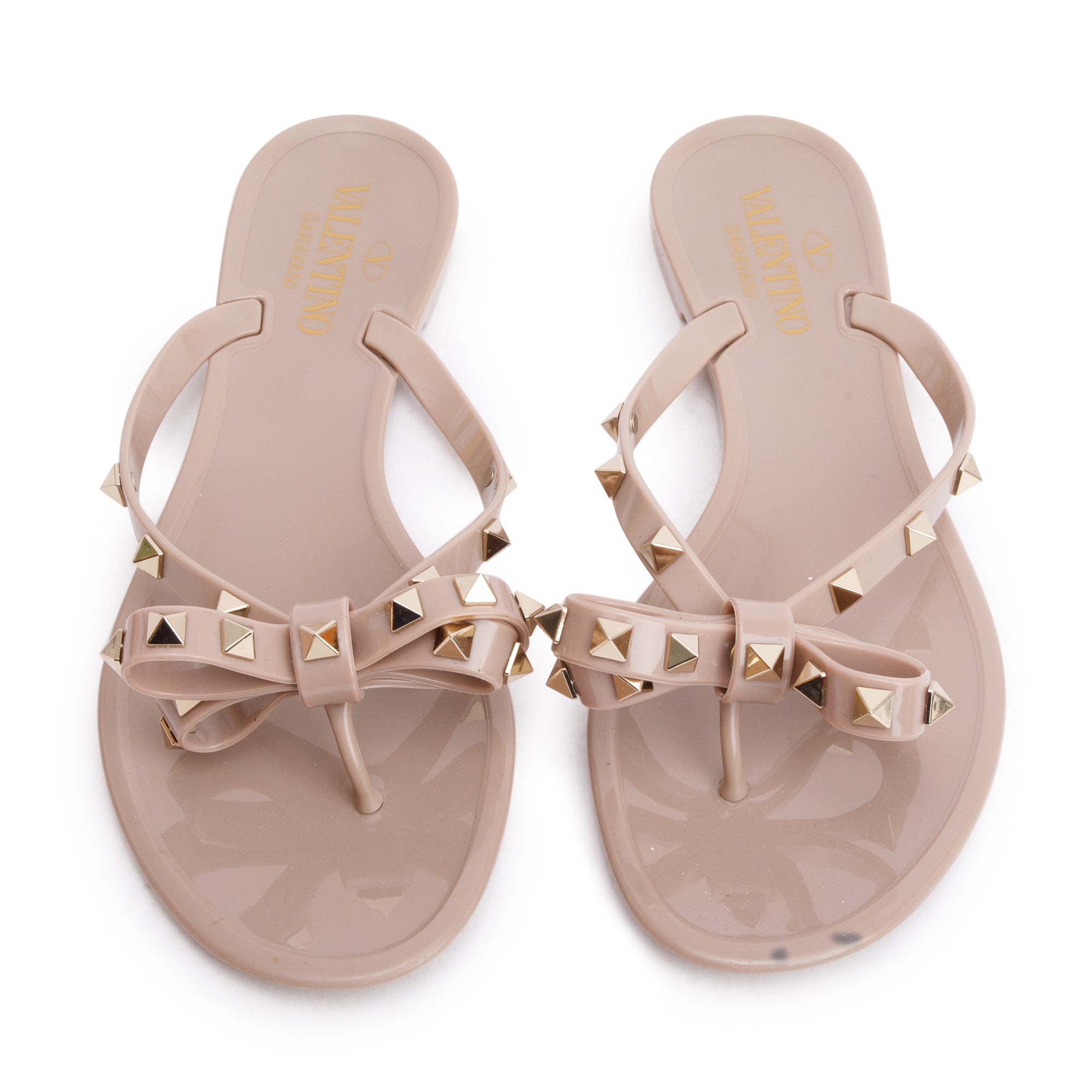 Valentino Beige Rubber Bow Rockstud Jelly Thong Sandals, Size 38 w/ Box