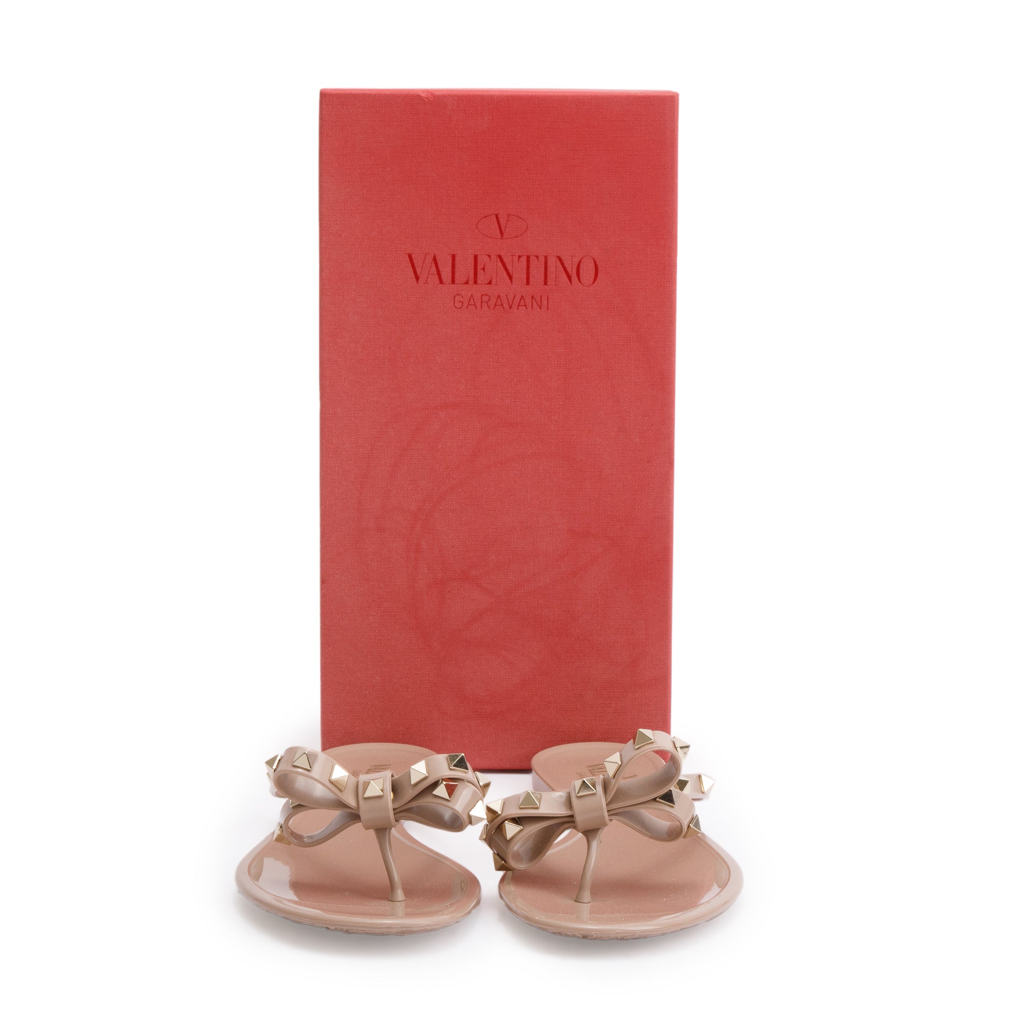 Valentino Beige Rubber Bow Rockstud Jelly Thong Sandals, Size 40 w/ Box