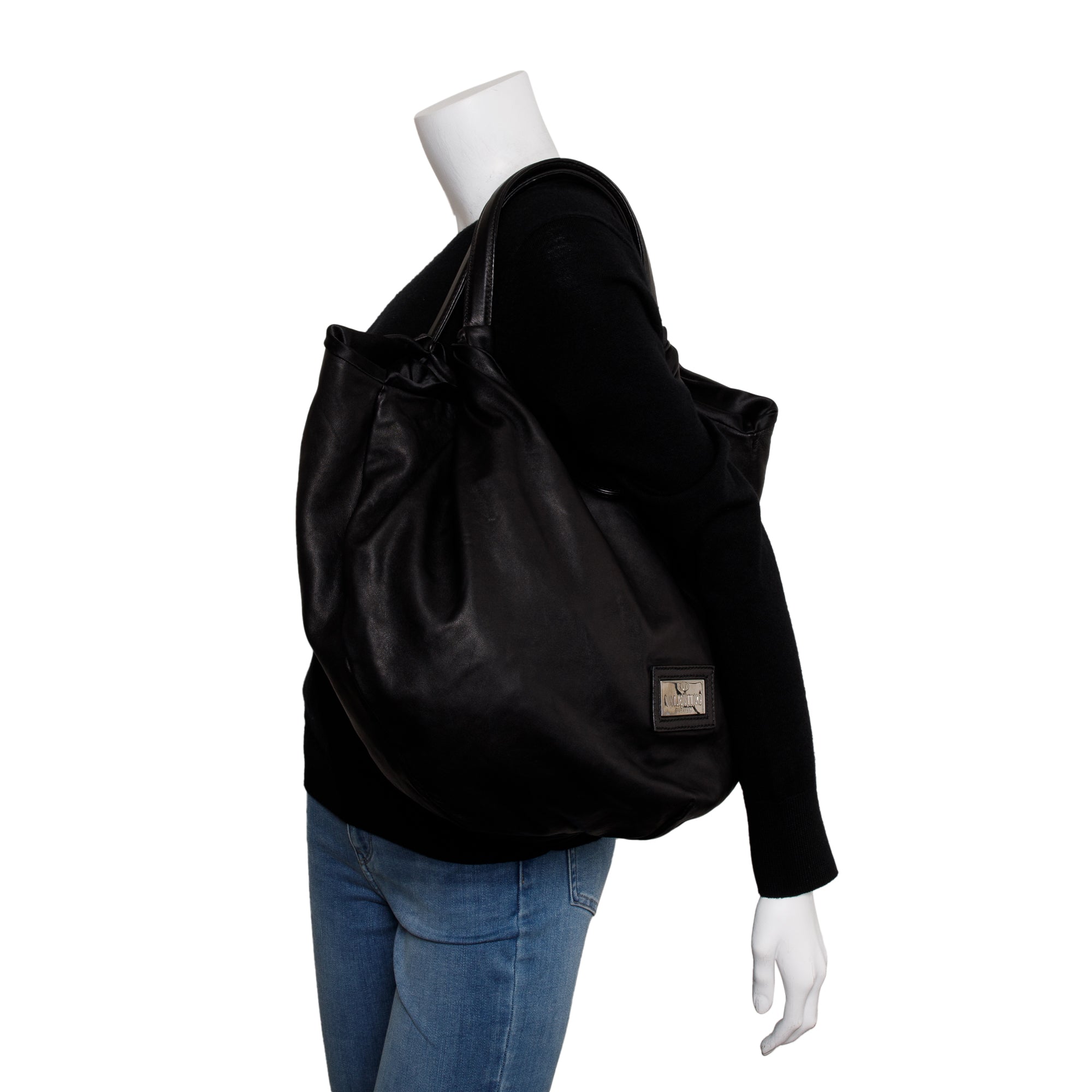 Valentino Black Calfskin Leather Bow Hobo