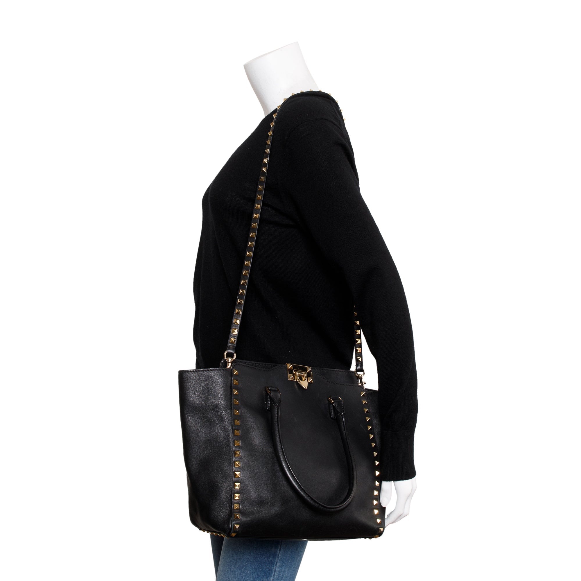 Valentino Black Calfskin Leather Medium Rockstud Tote Bag w/ Strap