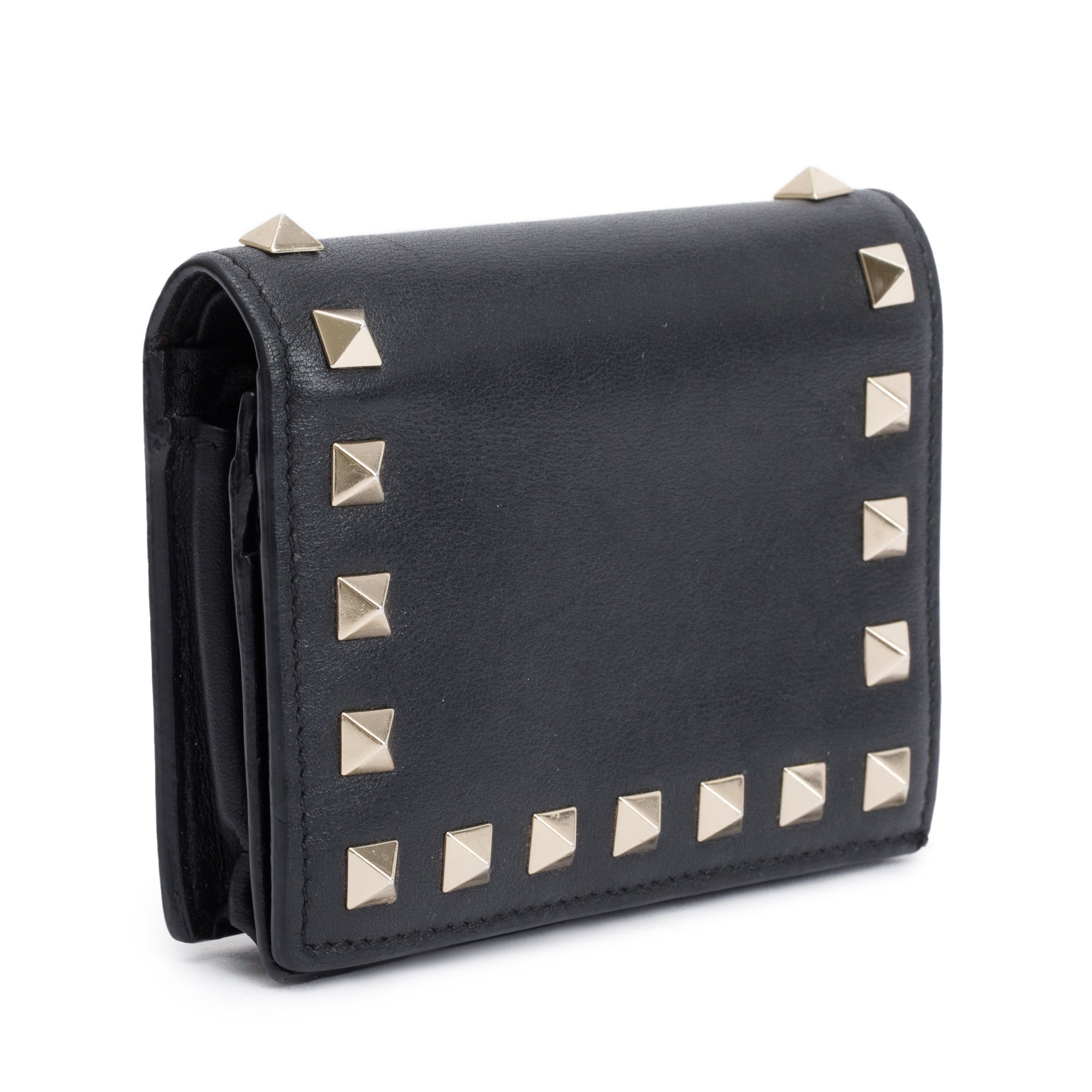 Valentino Black Calfskin Leather Rockstud Compact Wallet