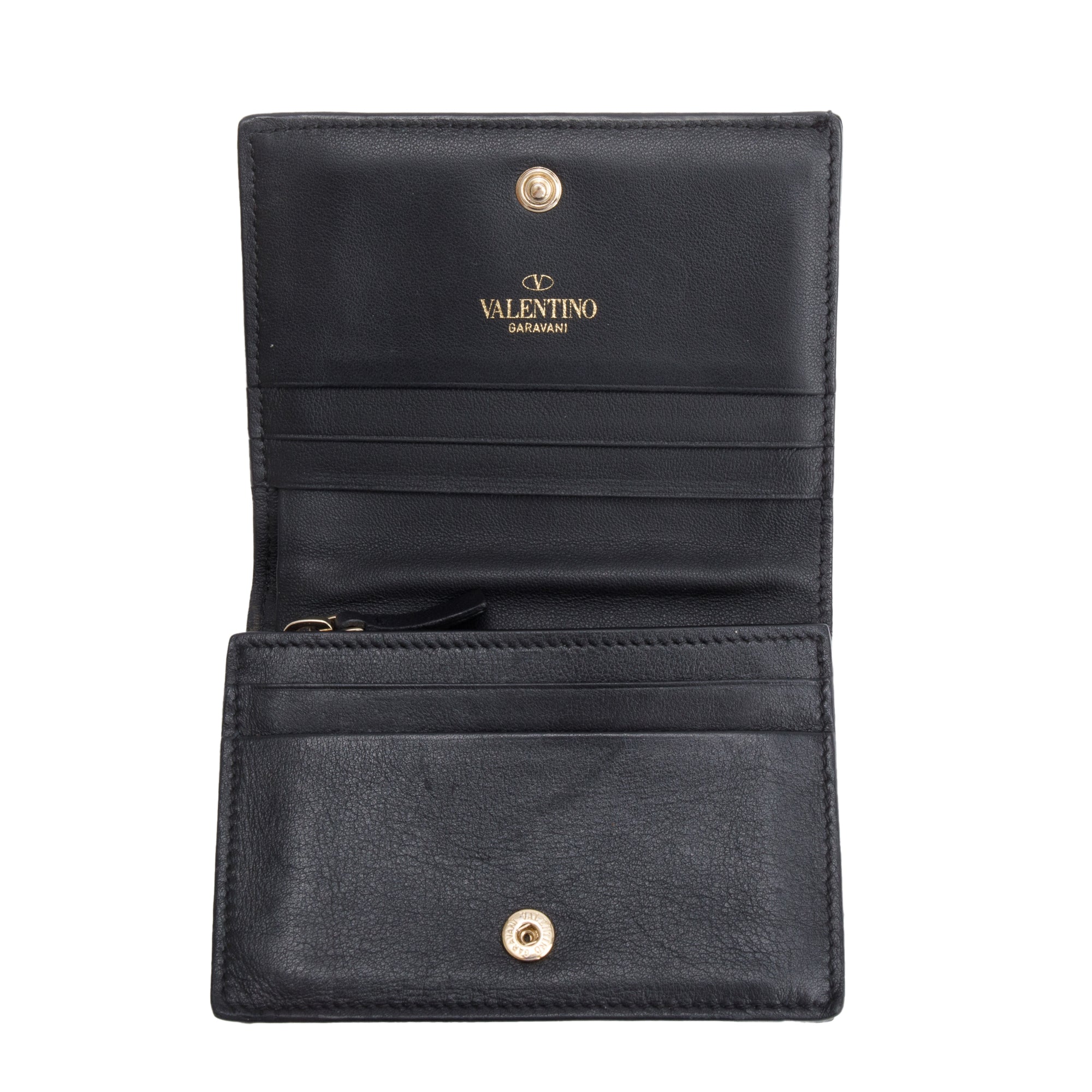 Valentino Black Calfskin Leather Rockstud Compact Wallet