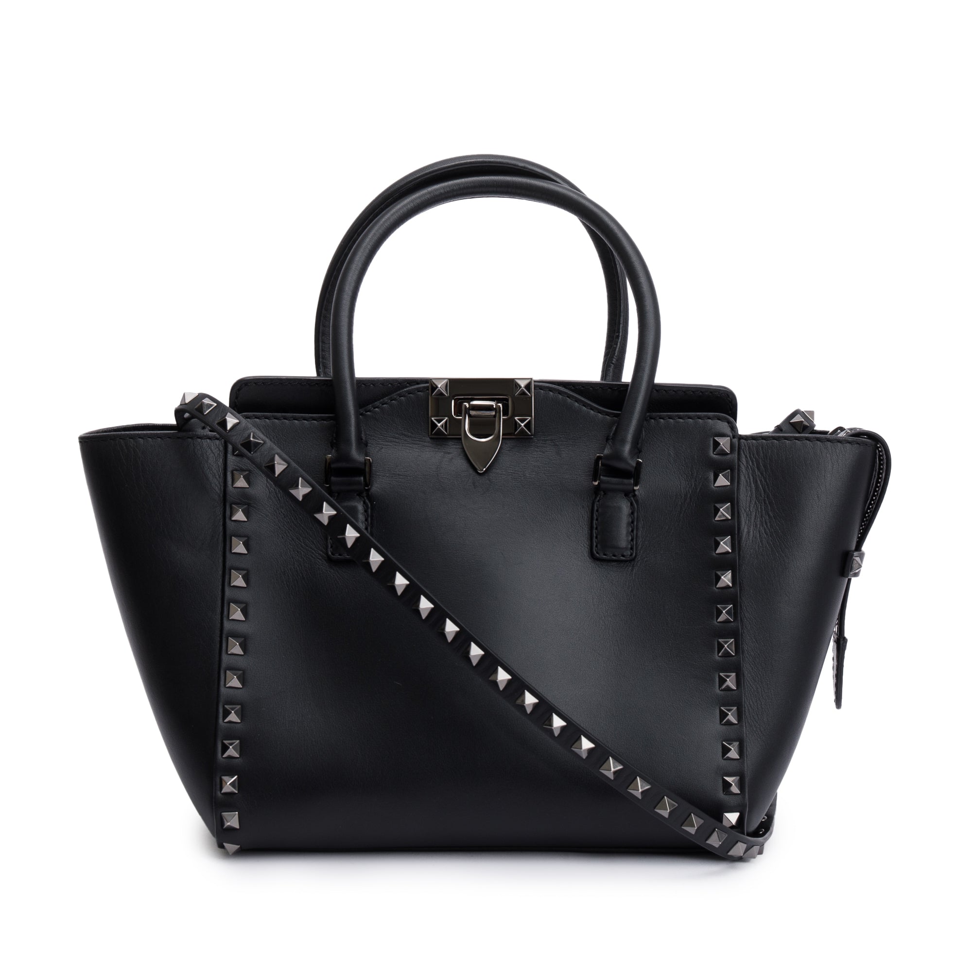 Valentino Black Calfskin Leather Small Rockstud Tote Bag w/ Strap
