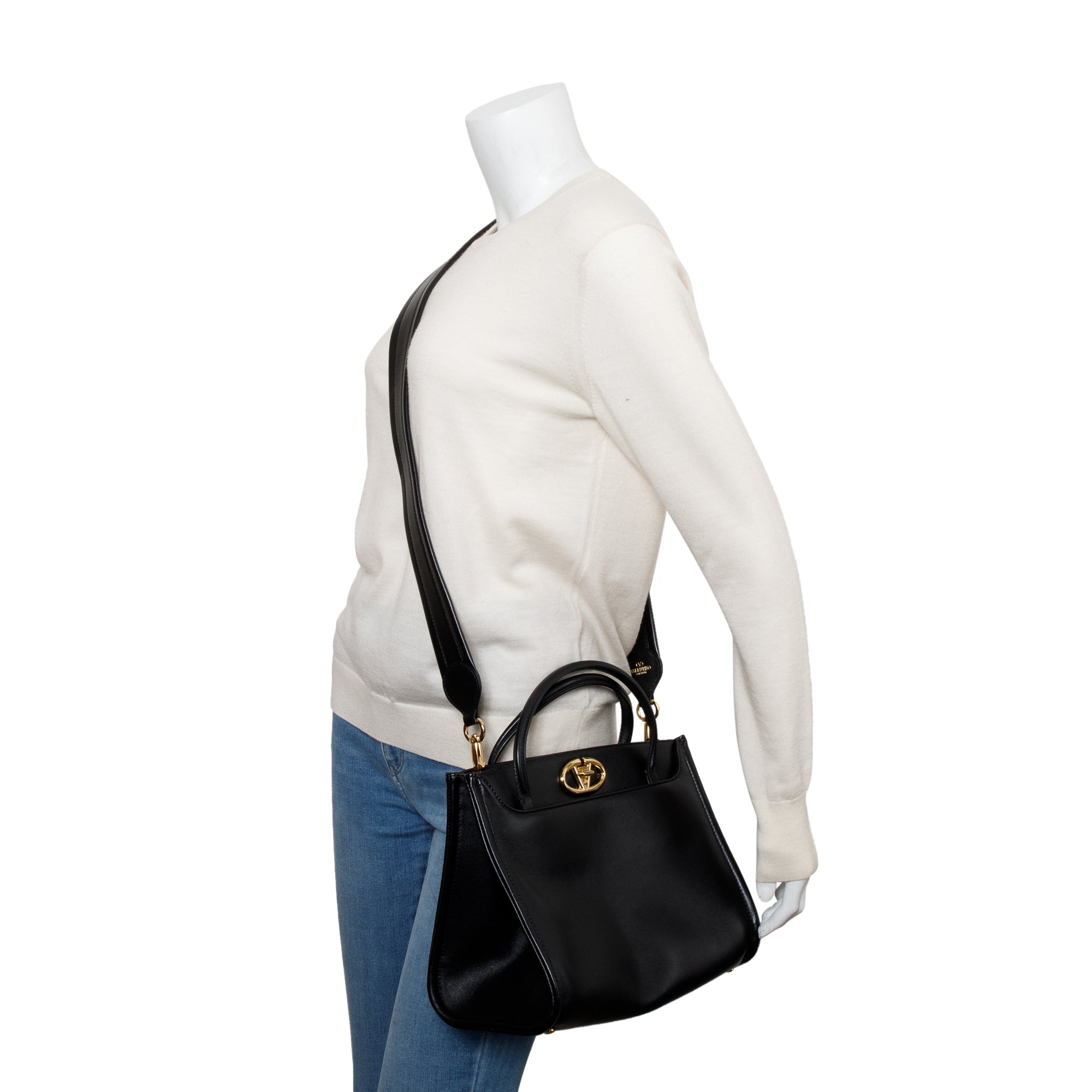 Valentino Black Calfskin Leather Small Vlogo Locker Satchel w/ Strap