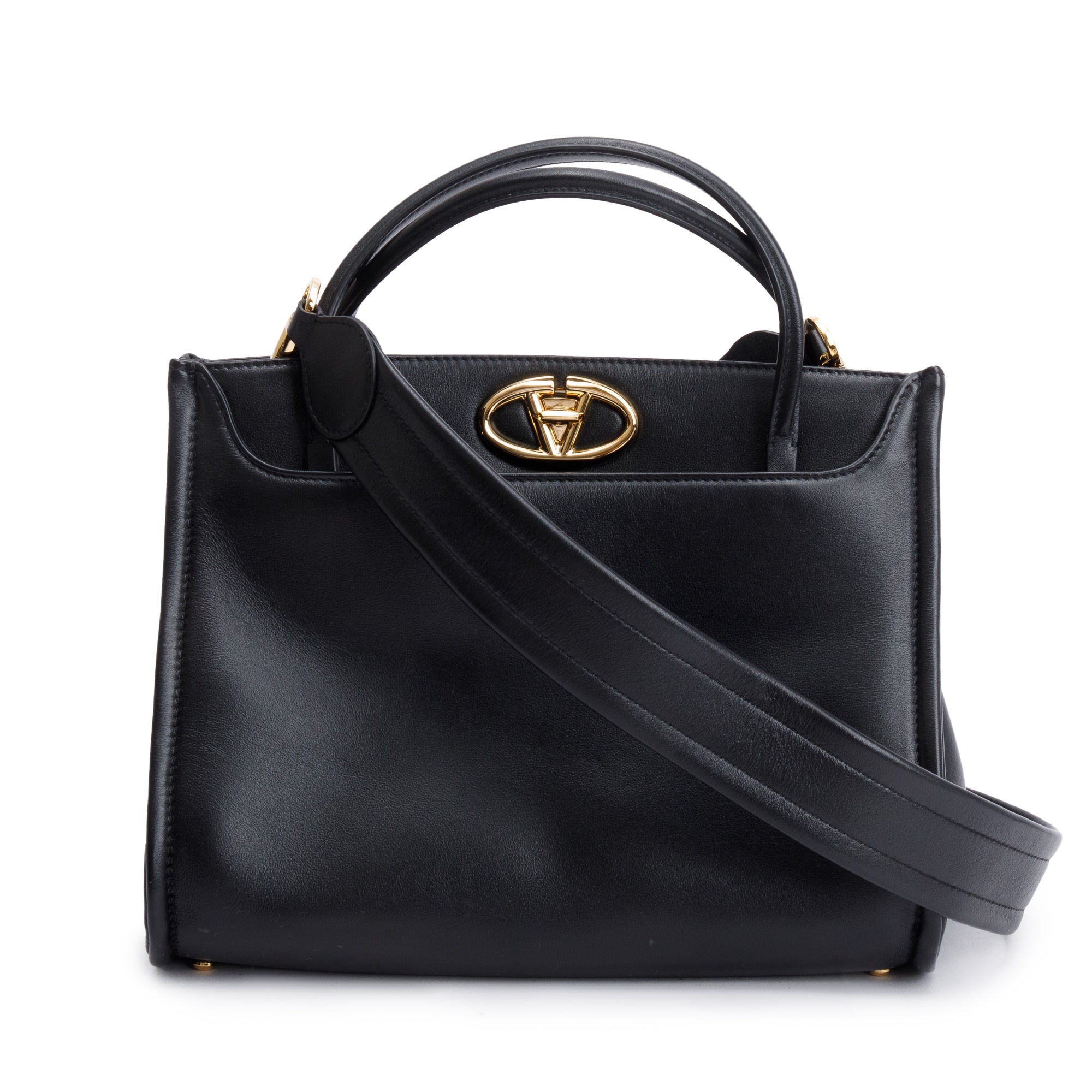 Valentino Black Calfskin Leather Small Vlogo Locker Satchel w/ Strap