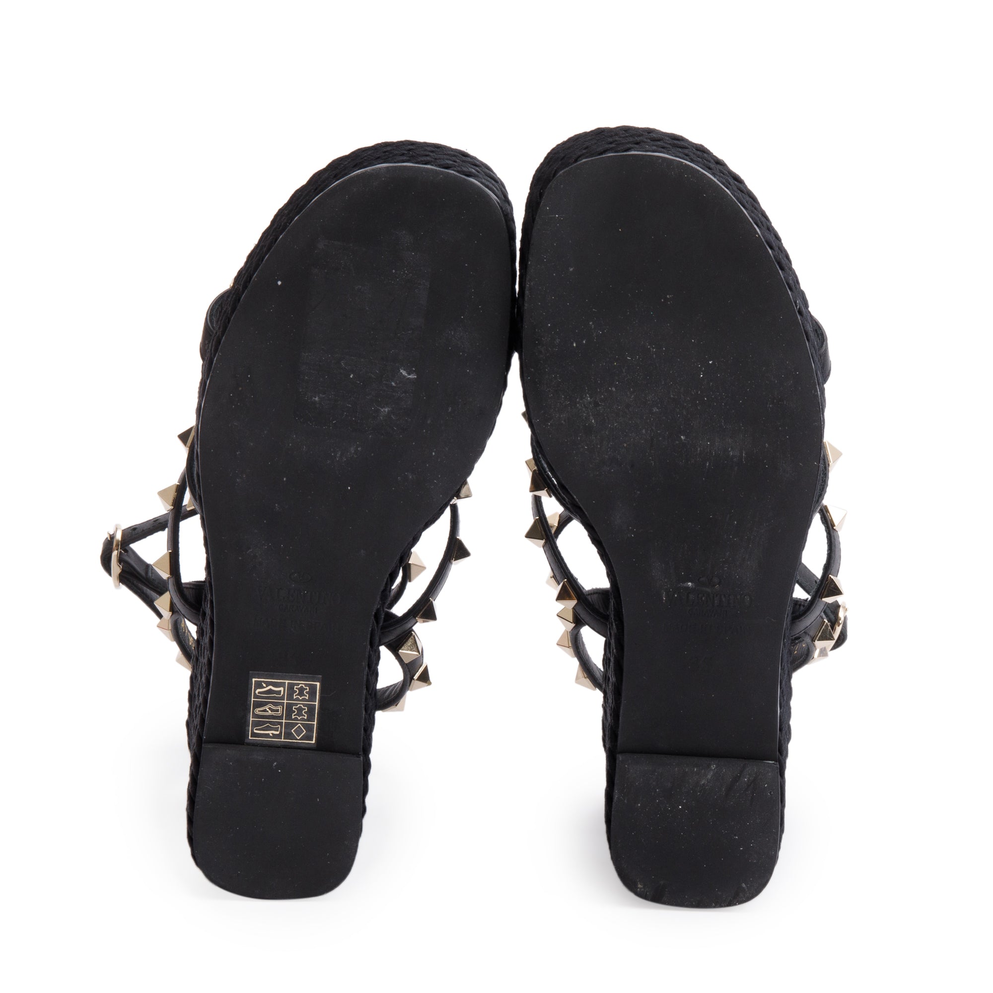 Valentino Black Calfskin Rockstud Ankle Strap Wedge Sandals, Size 35