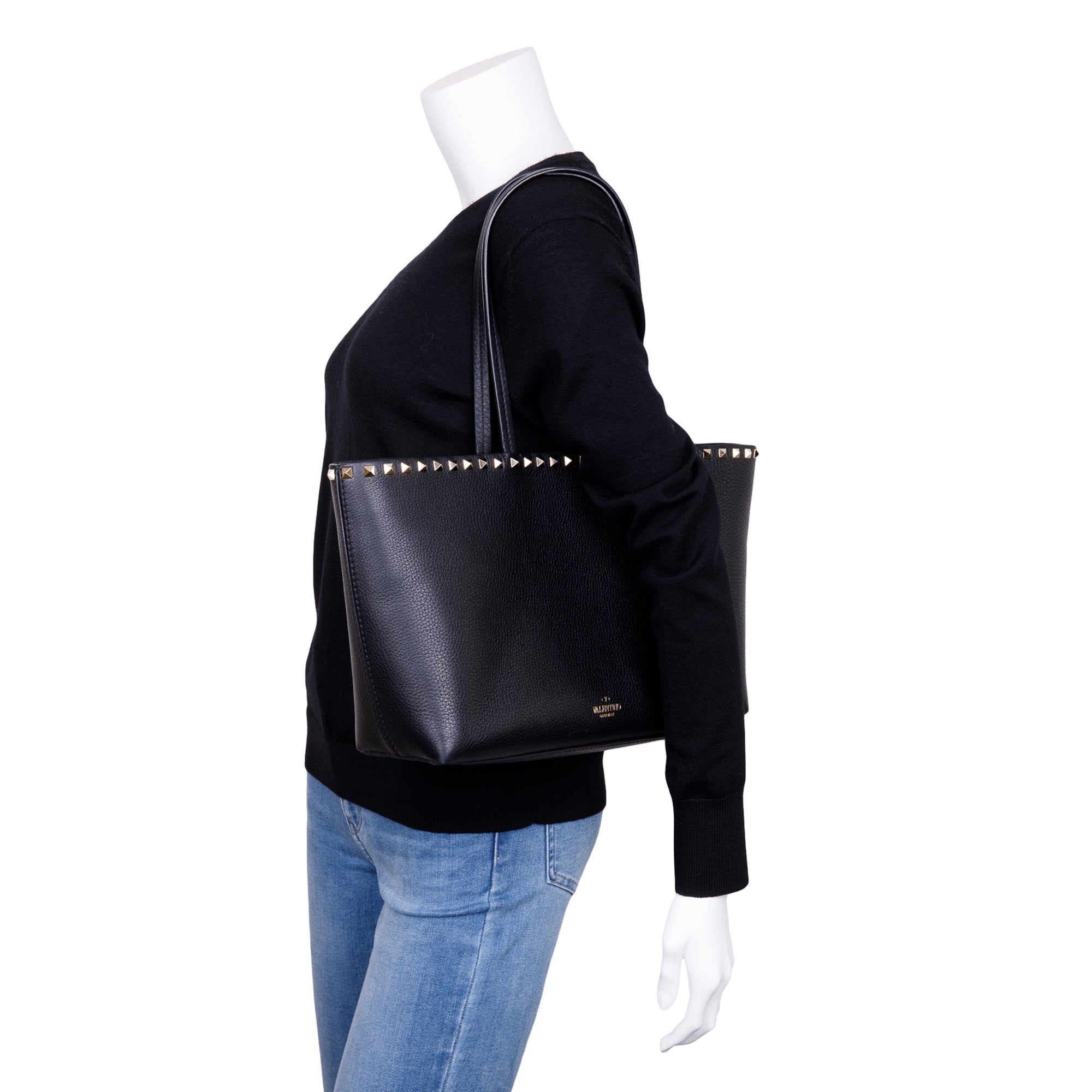 Valentino Black Grained Calfskin Rockstud Tote