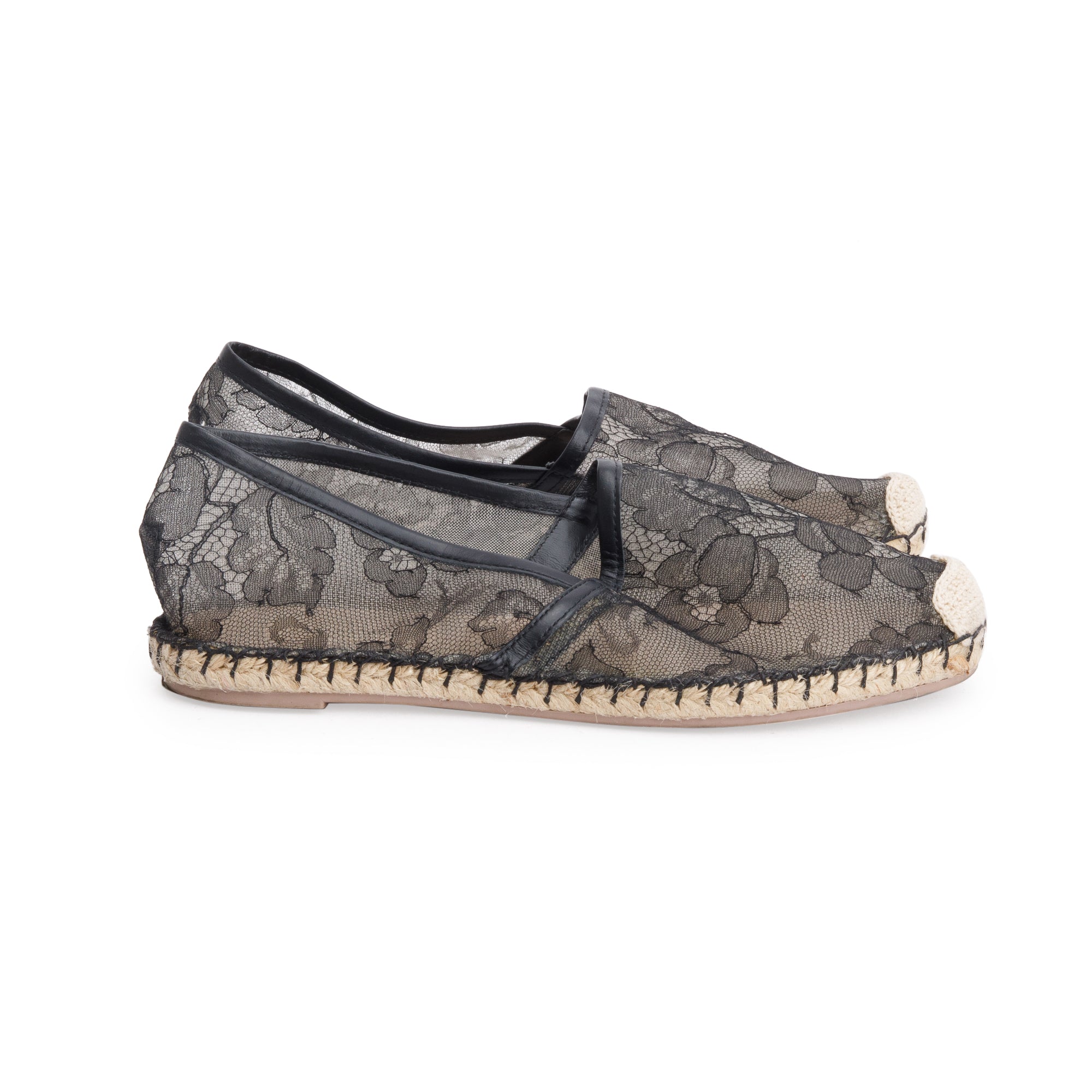 Valentino Black Lace Floral Espadrilles, Size 35