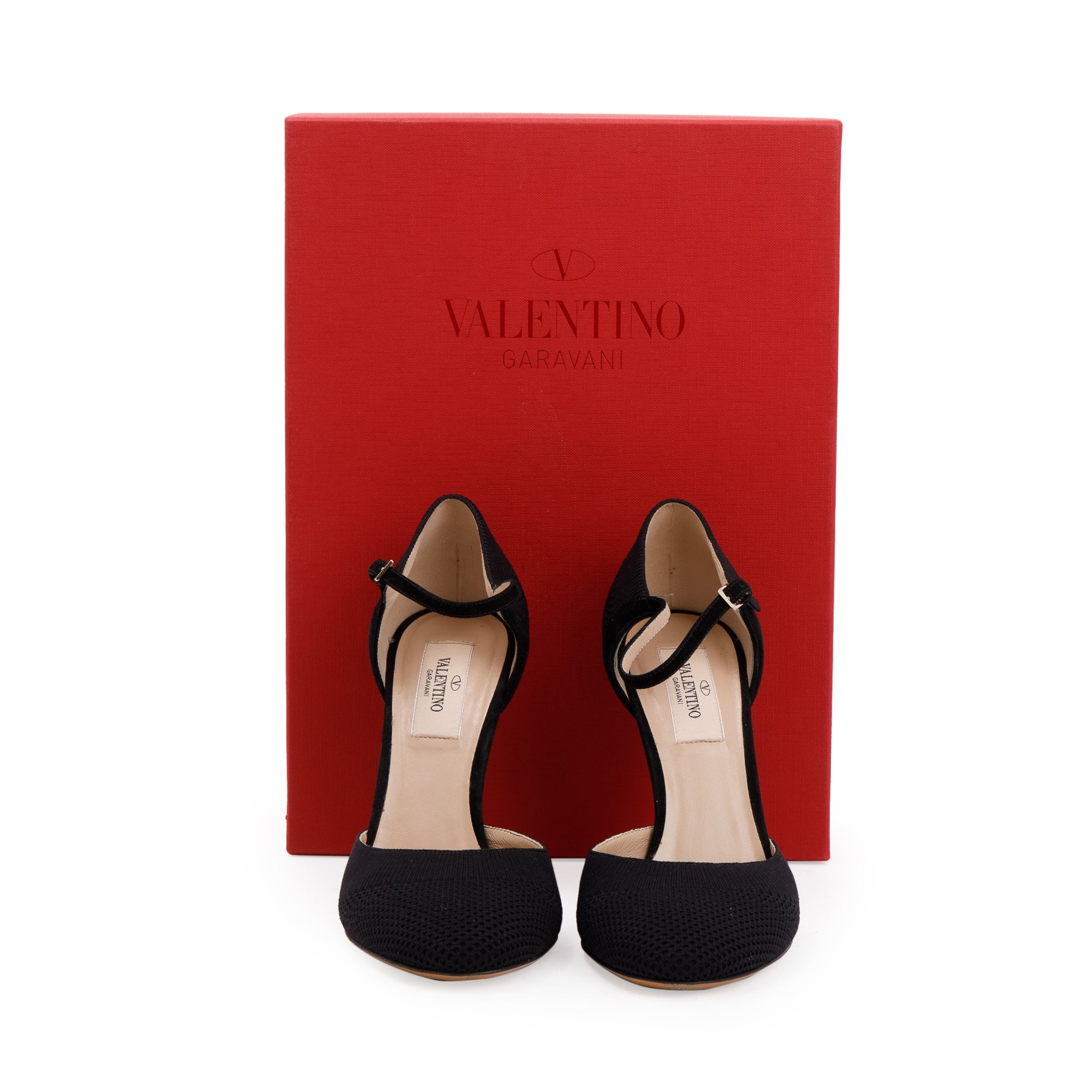 Valentino Black Leather & Knit Mary Jane Pumps, Size 36.5 w/ Box