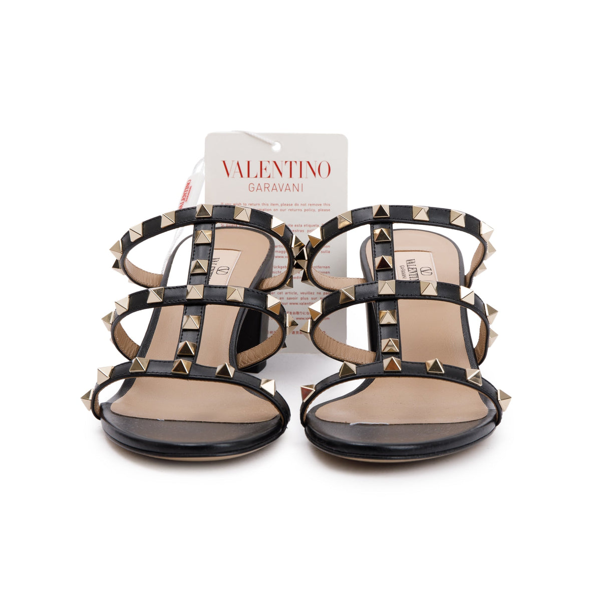 Valentino Black Leather Rockstud Heeled Mule Sandals, Size 39 w