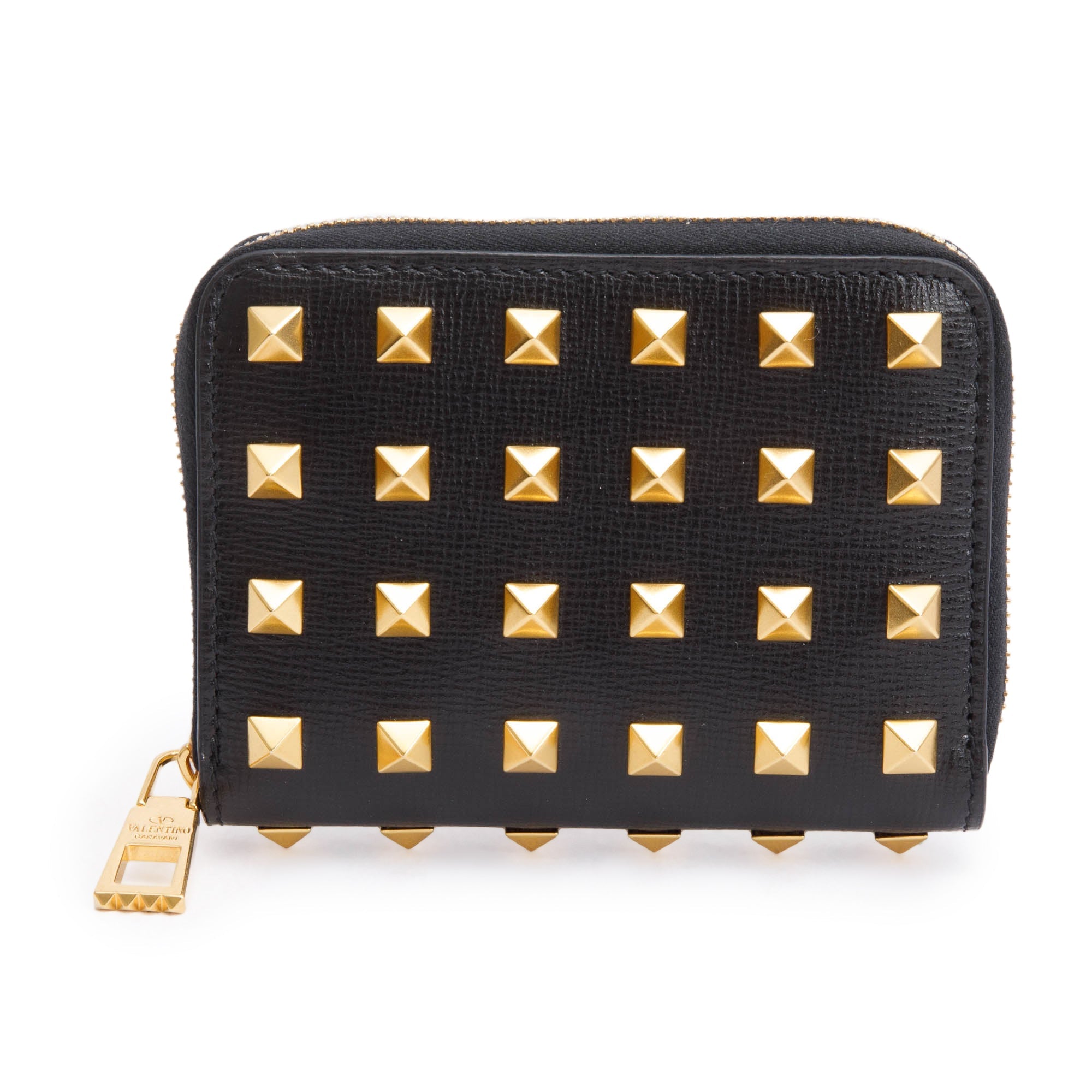 Valentino Black Leather Rockstud Spike Zip Around Card Holder Wallet w/ Strap