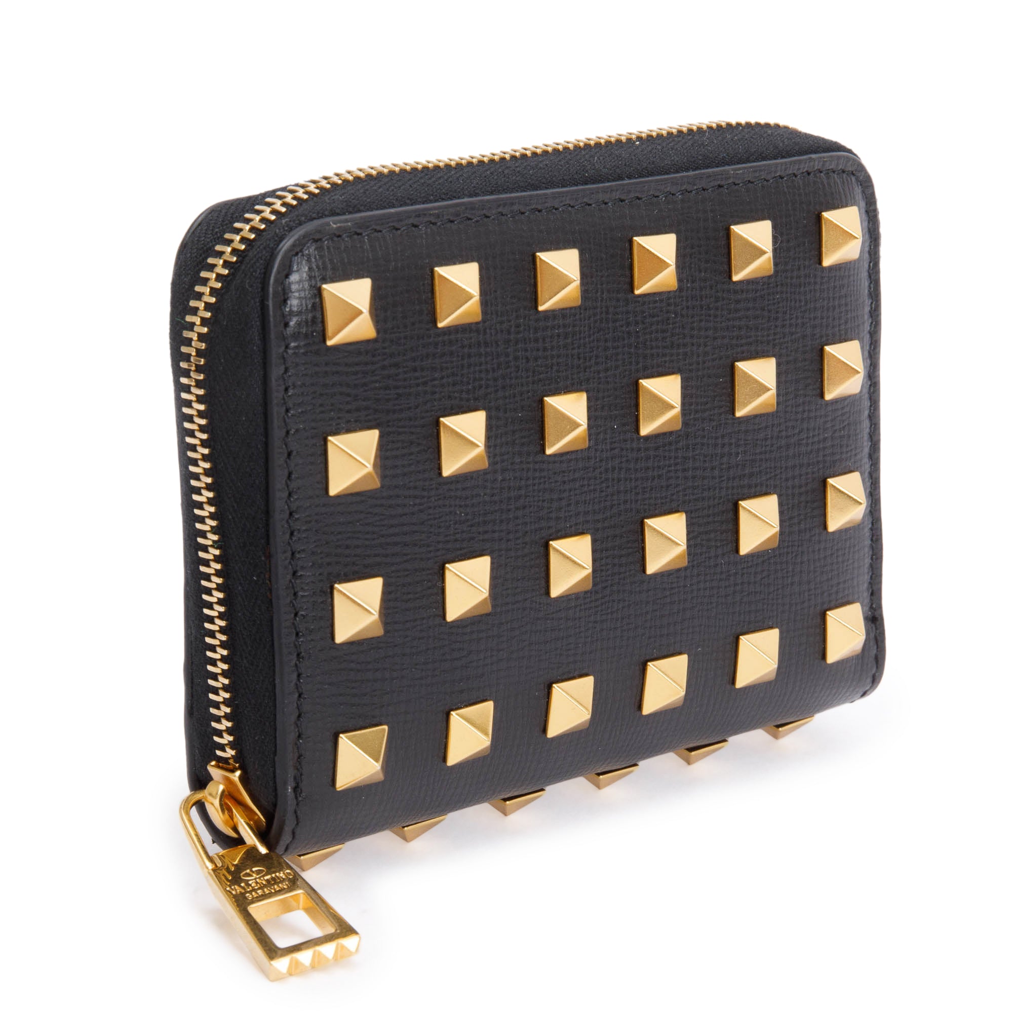 Valentino Black Leather Rockstud Spike Zip Around Card Holder Wallet w/ Strap