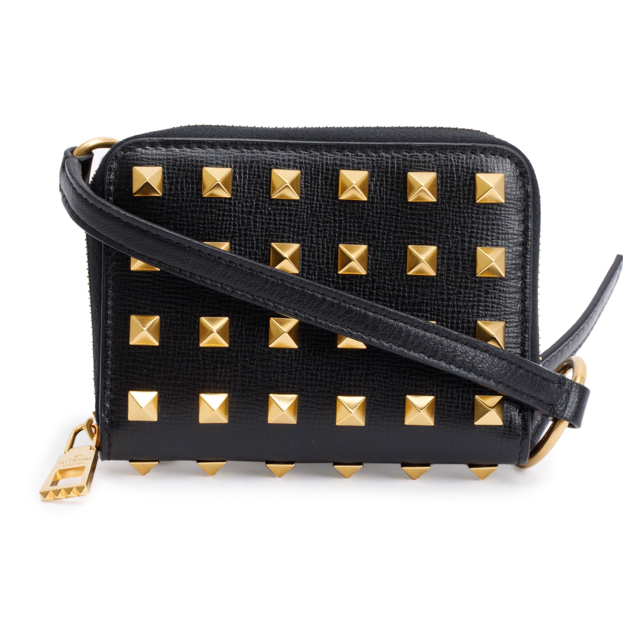 Valentino Black Leather Rockstud Spike Zip Around Card Holder Wallet w/ Strap