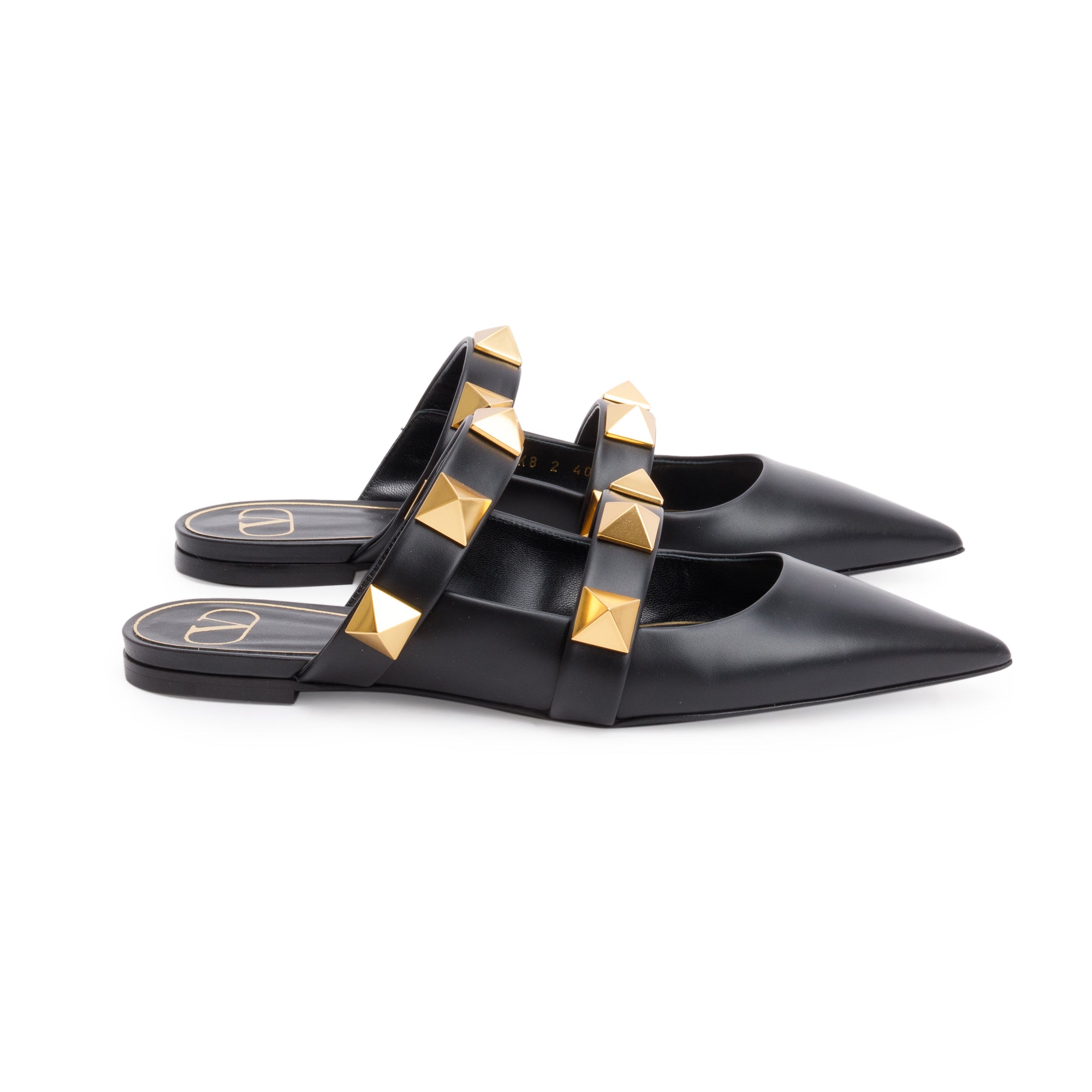 Valentino Black Leather Roman Stud Flat Mule, Size 40 w/ Box