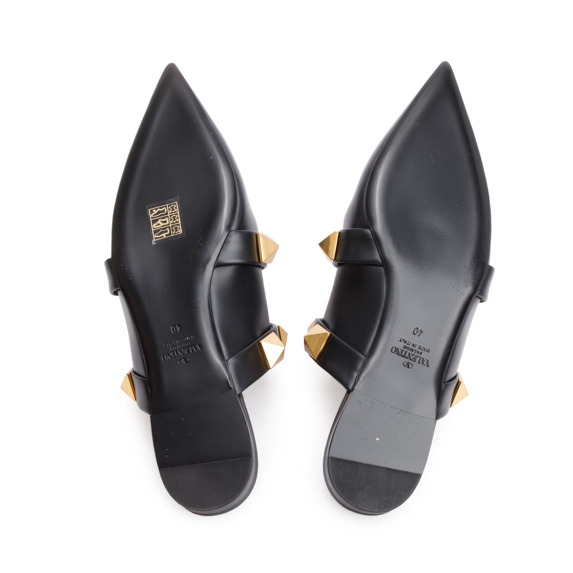 Valentino Black Leather Roman Stud Flat Mule, Size 40 w/ Box