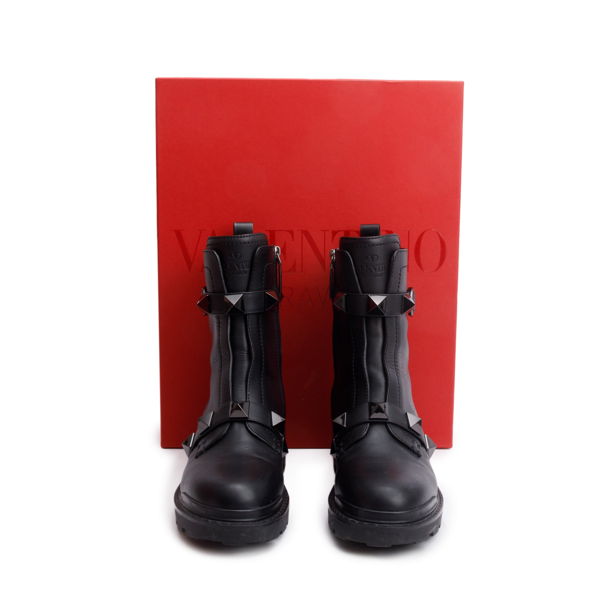 Valentino Black Leather Tonal Roman Studs Combat Boots, Size 41 w/ Box