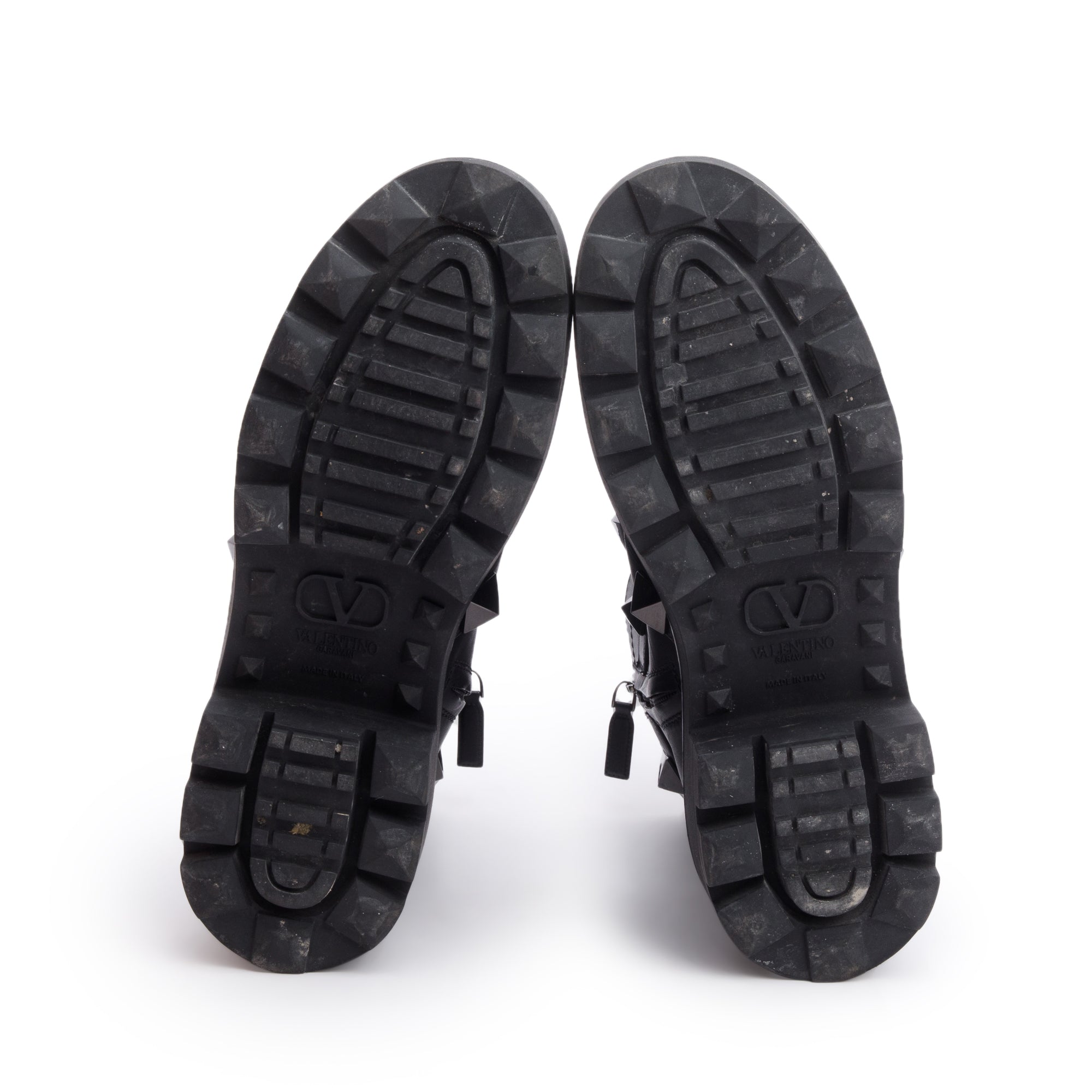 Valentino Black Leather Tonal Roman Studs Combat Boots, Size 41 w/ Box