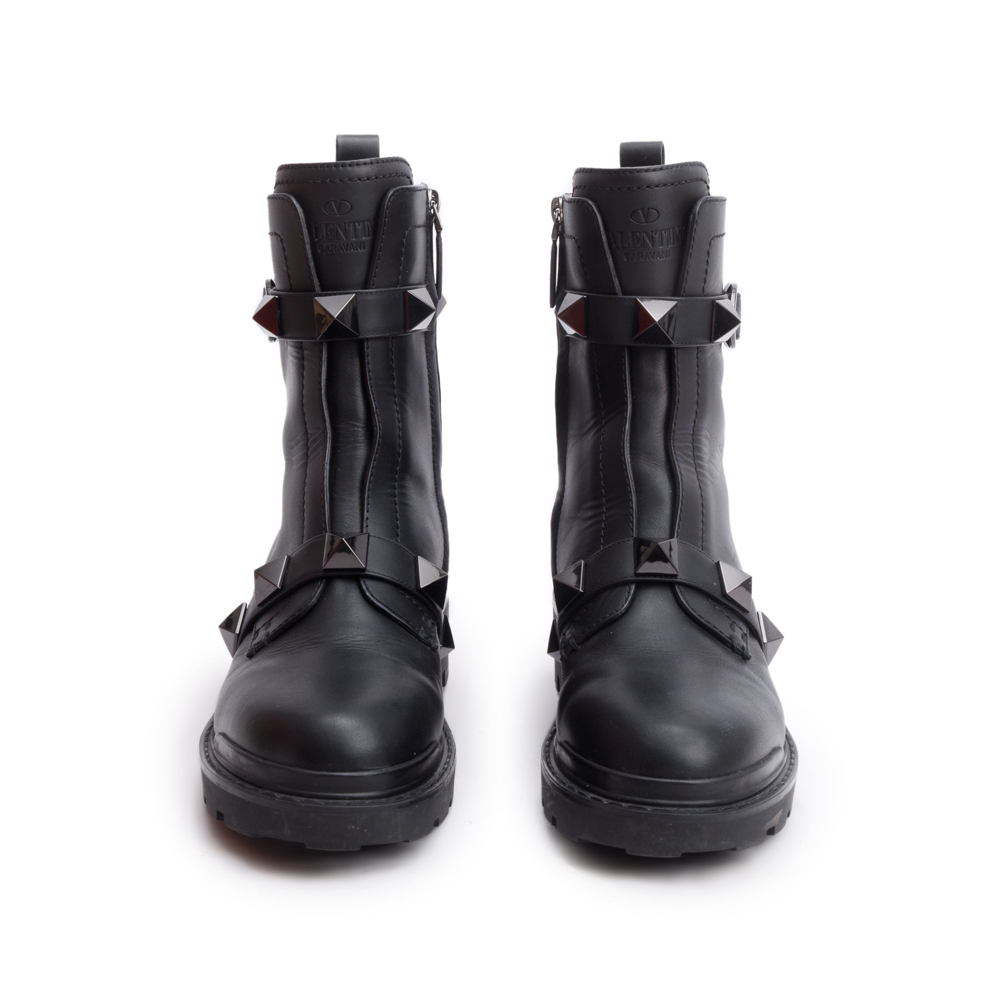 Valentino Black Leather Tonal Roman Studs Combat Boots, Size 41 w/ Box