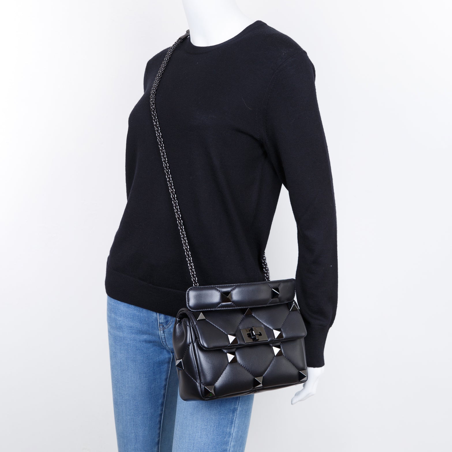 Valentino Black Medium Roman Stud Shoulder Bag