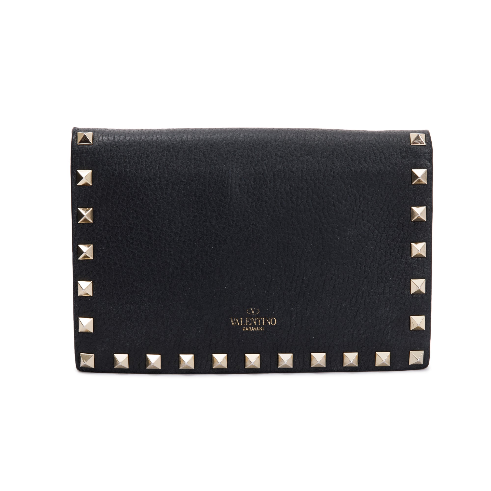Valentino Black Pebbled Calfskin Rockstud Envelope Wallet on Chain w/ Box