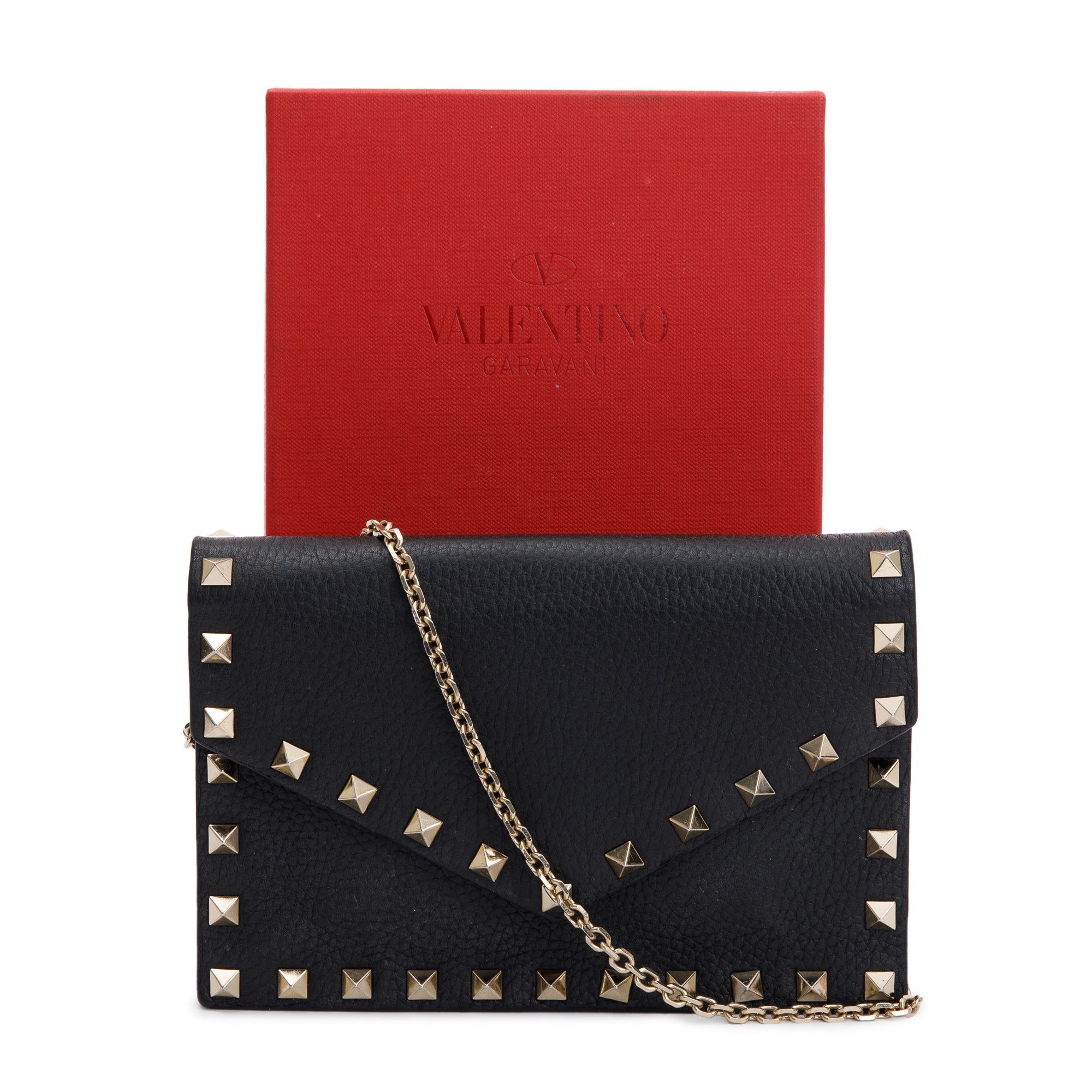Valentino Black Pebbled Calfskin Rockstud Envelope Wallet on Chain w/ Box