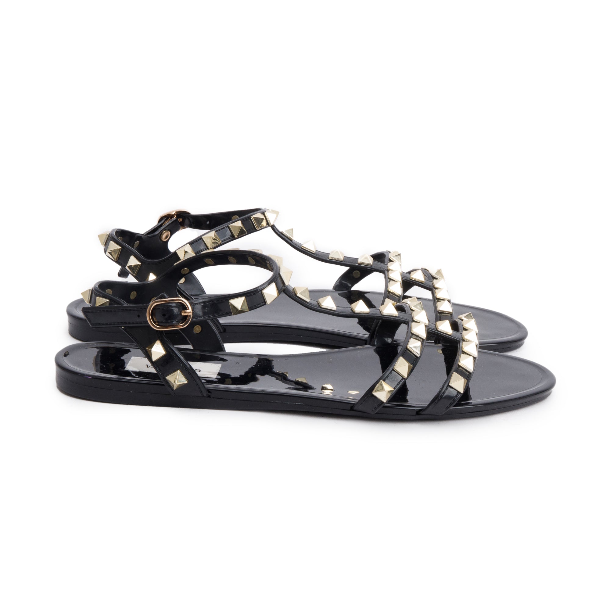 Valentino Black Rockstud Jelly Flat Rubber Sandals, Size 38