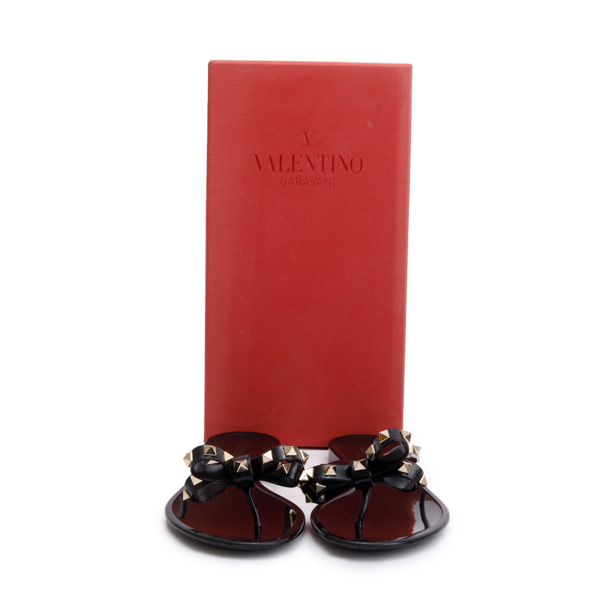 Valentino Black Rubber Bow Rockstud Jelly Thong Sandals, Size 40 w/ Box
