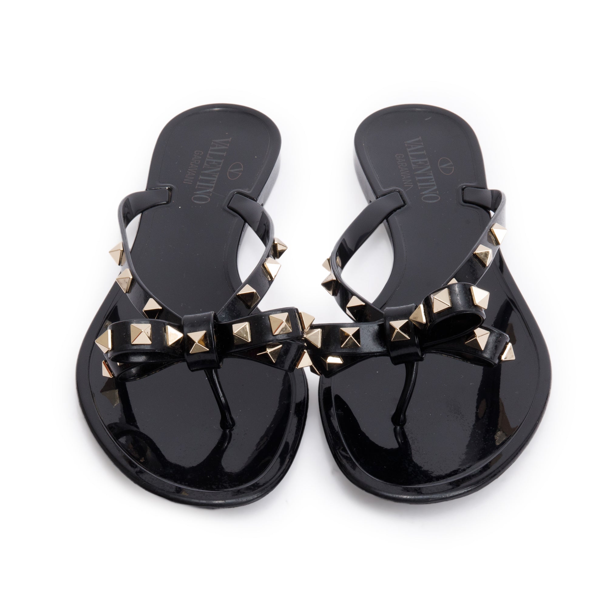 Valentino Black Rubber Bow Rockstud Jelly Thong Sandals, Size 40 w
